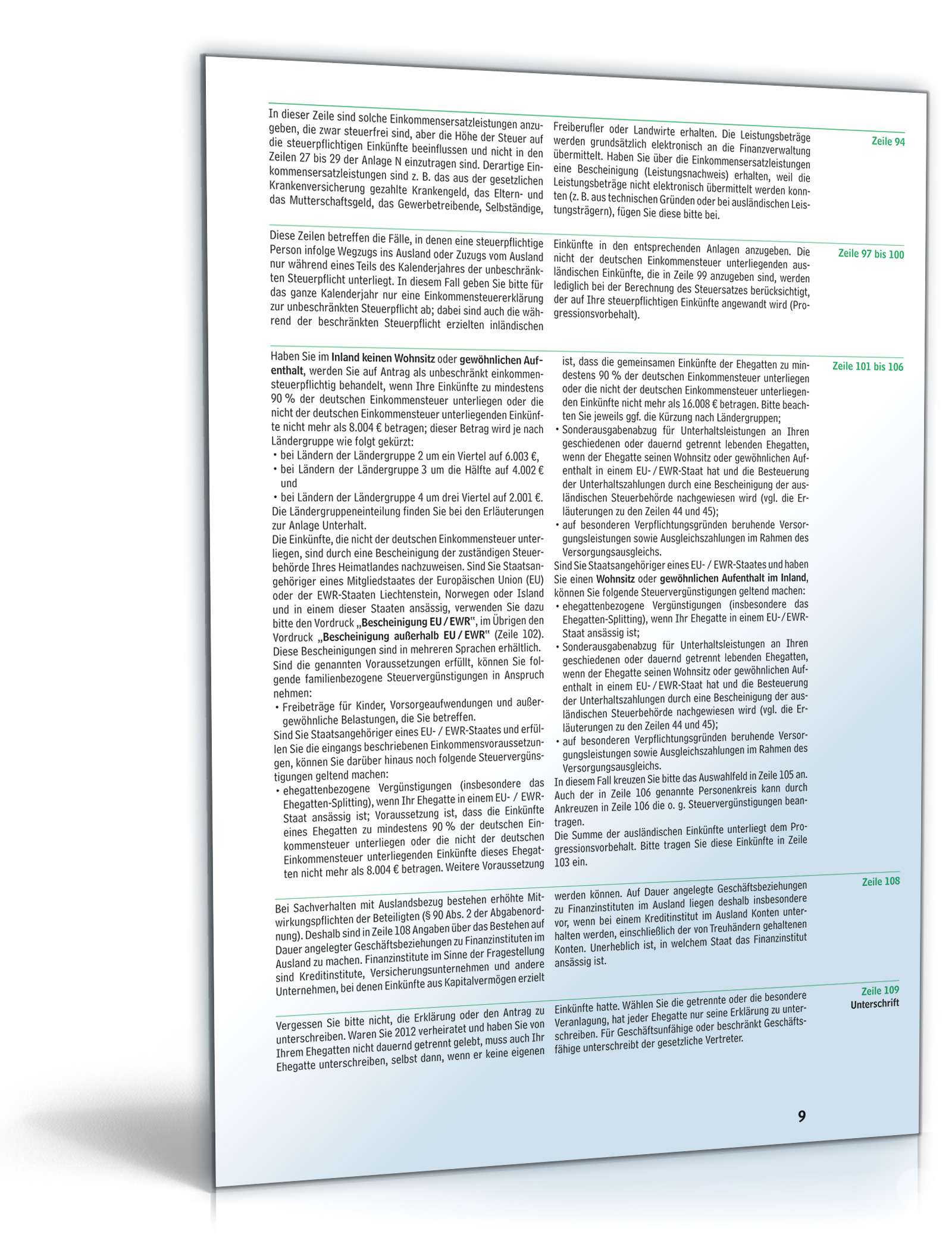 Anleitung zum ausfüllen der Einkommensteuererklärung 2012 PDF. Seite: 9