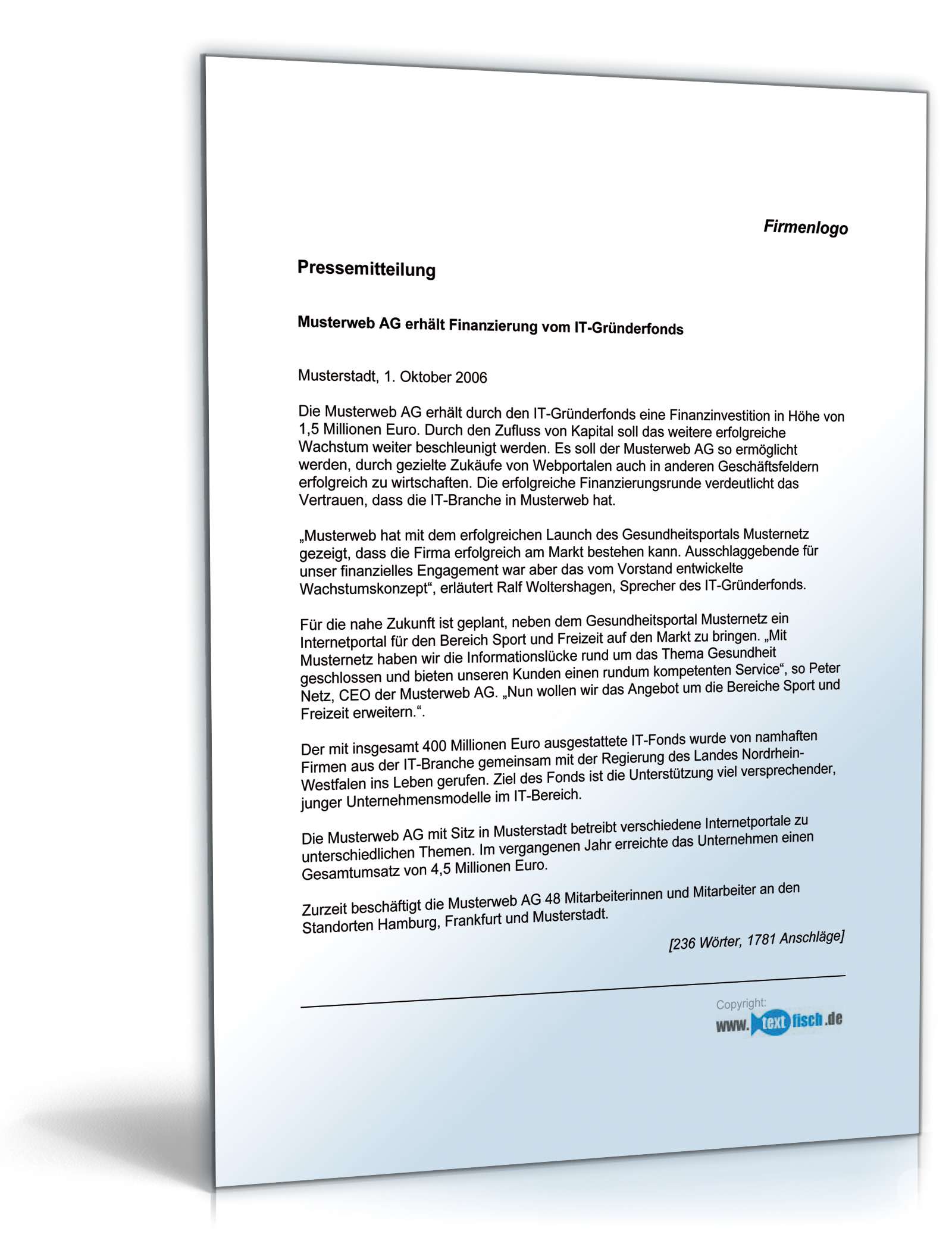 Pressemitteilung Unternehmen über erfolgreiche Finanzierungsrunde