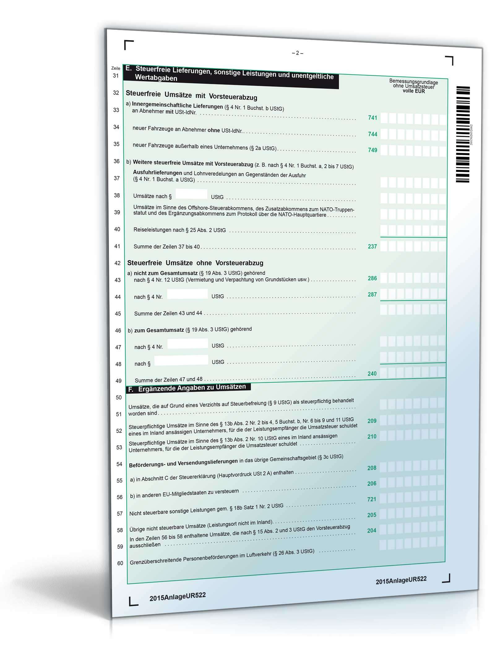 Anlage UR zur Umsatzsteuererklärung 2015 PDF. Seite: 2