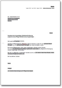 Anzeige kurzzeitige Arbeitsverhinderung Pflegezeit Word