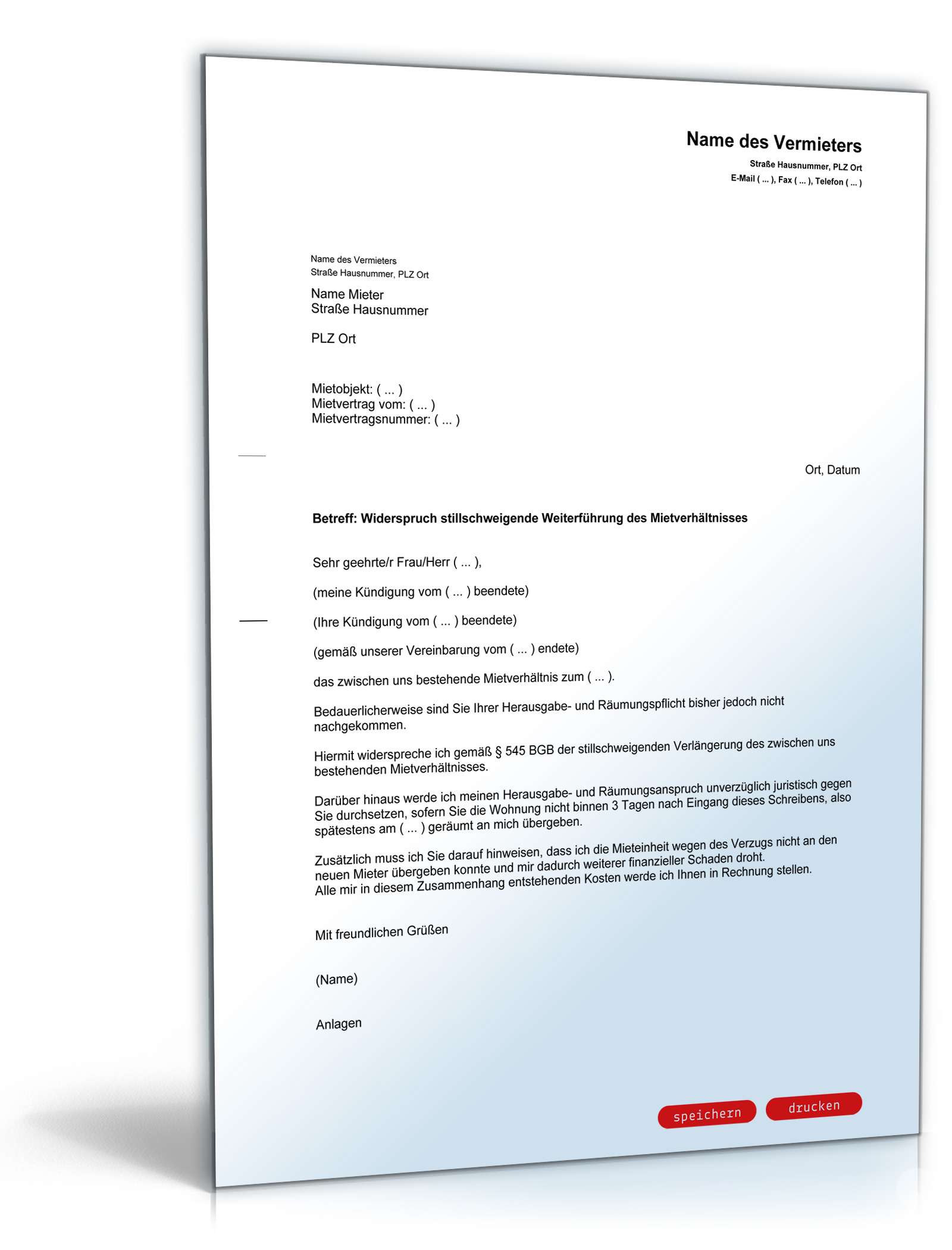 Widerspruch stillschweigende Weiterführung Mietverhältnis PDF