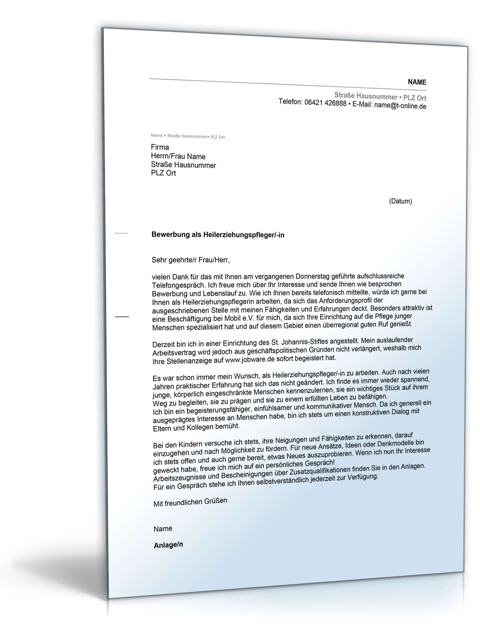 Anschreiben Bewerbung Heilerziehungspfleger Excel