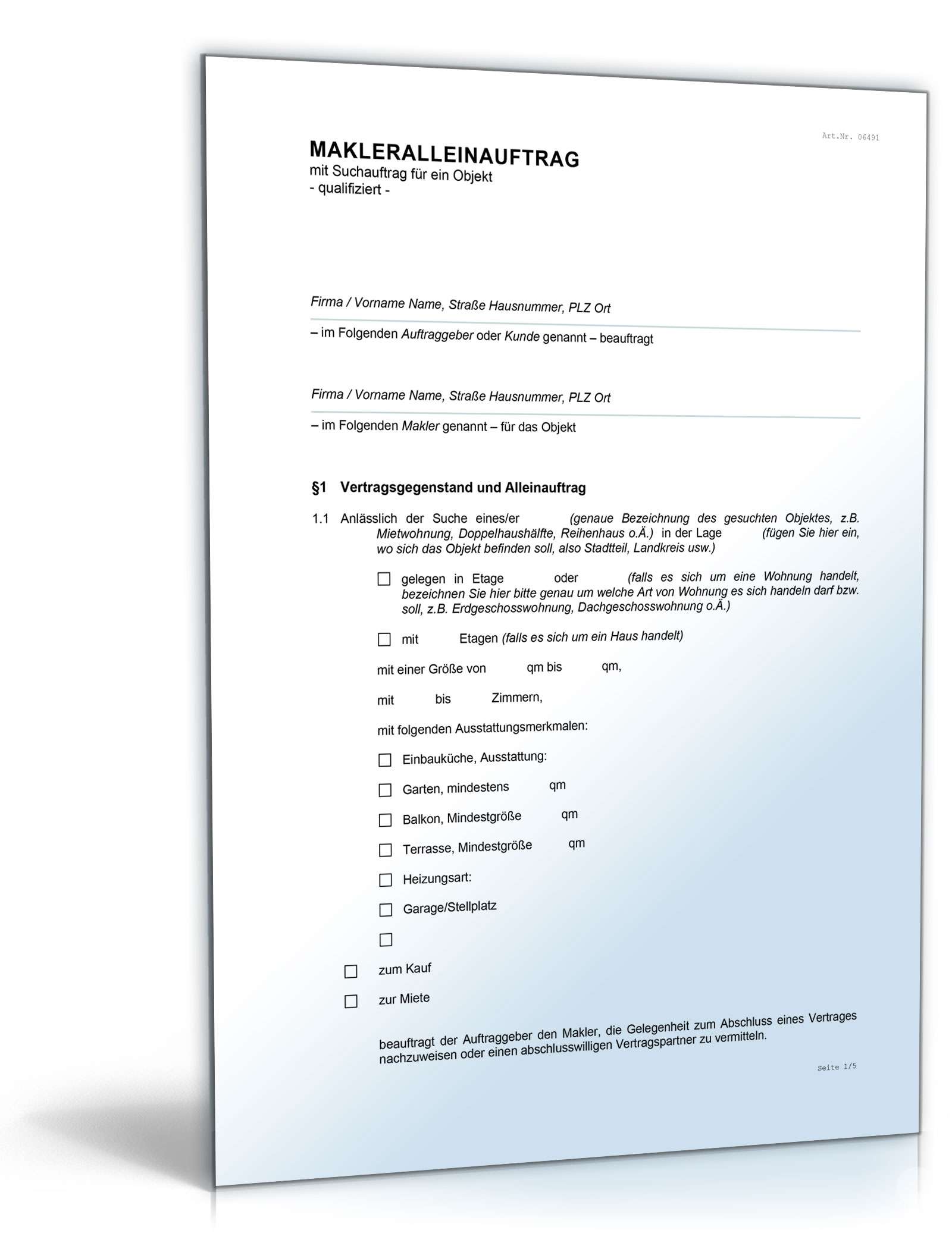 Qualifizierter Makleralleinauftrag Suchauftrag Mietobjekt Word