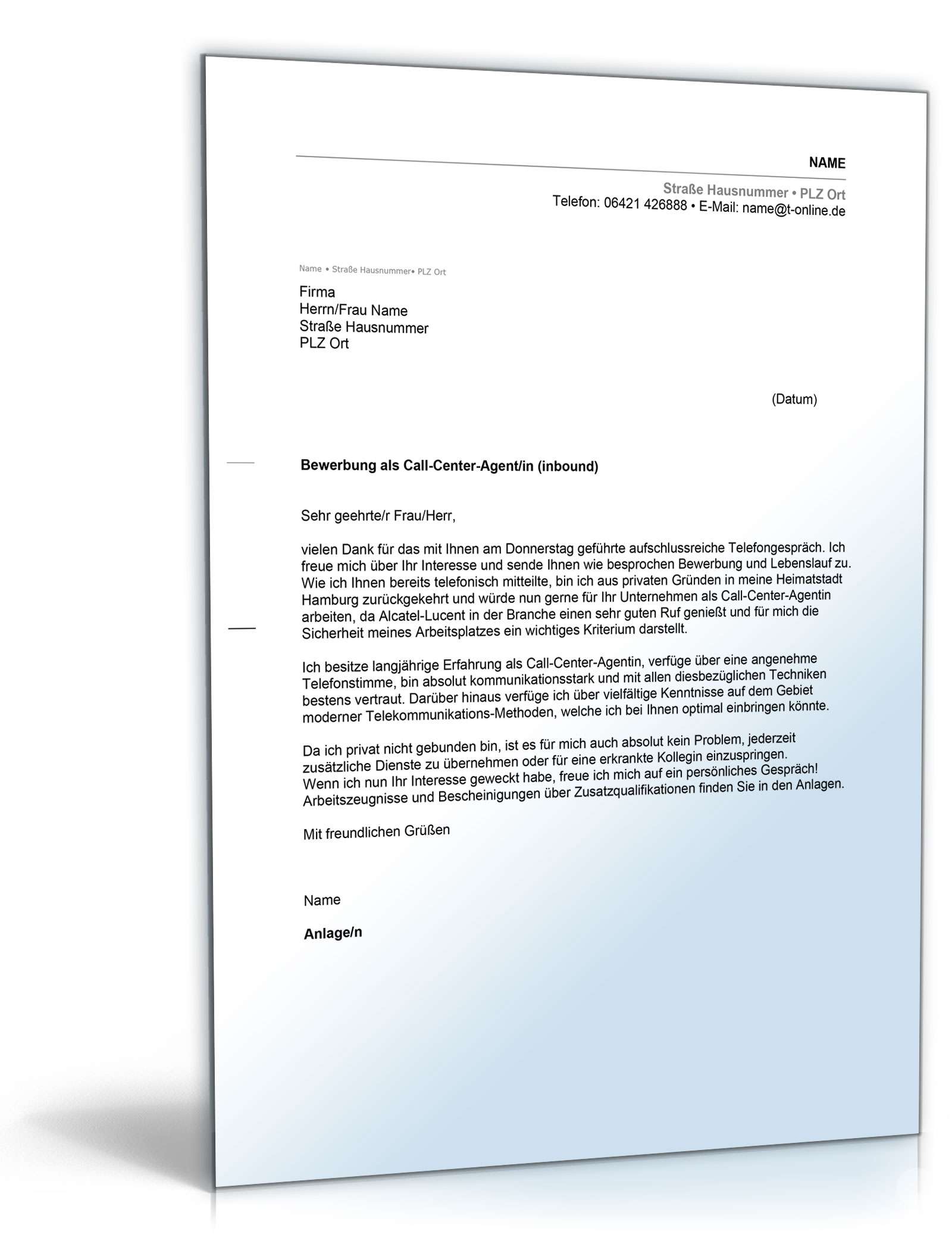 Anschreiben Bewerbung Call-Center-Agent Excel