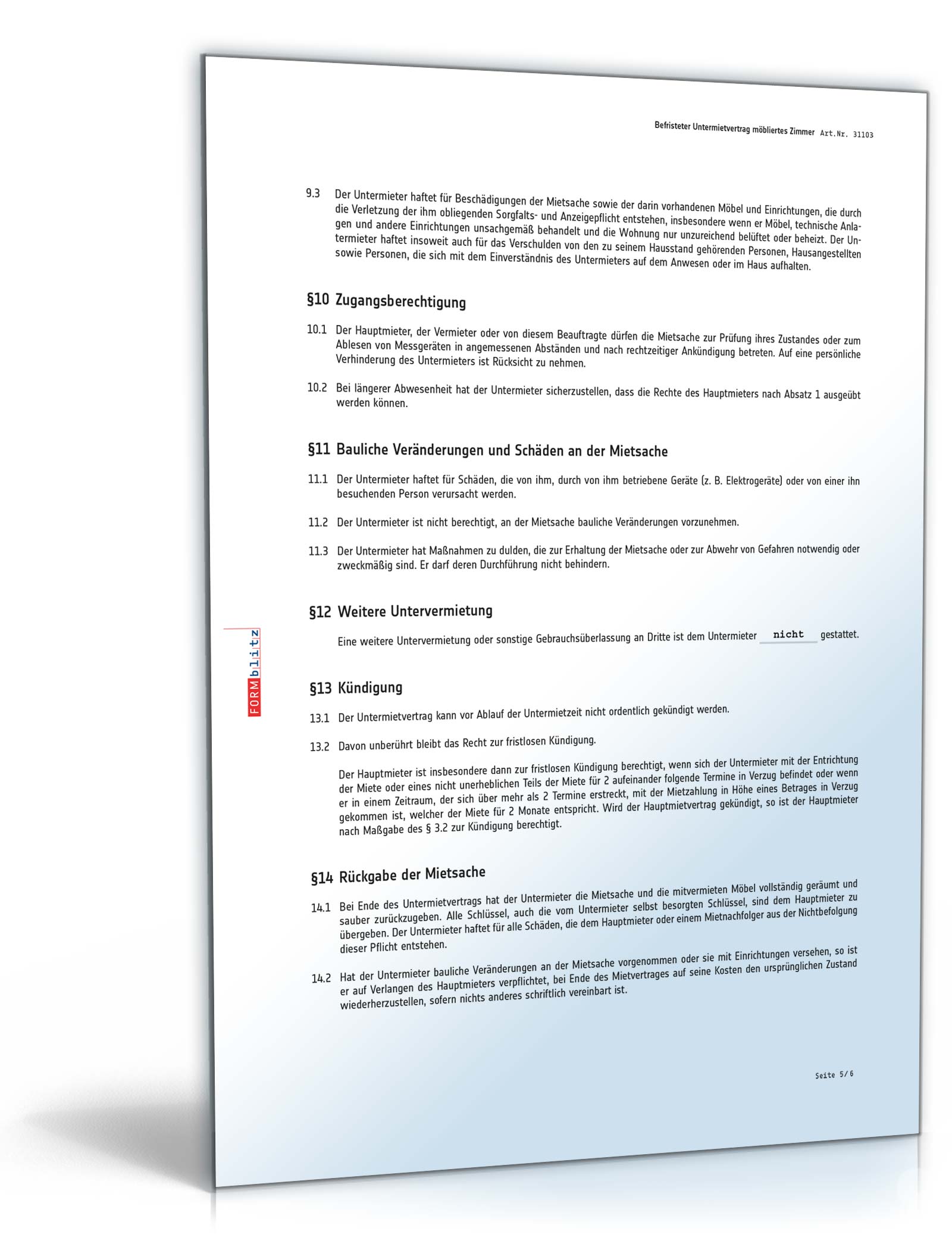 Befristeter Untermietvertrag möbliertes Zimmer PDF. Seite: 5