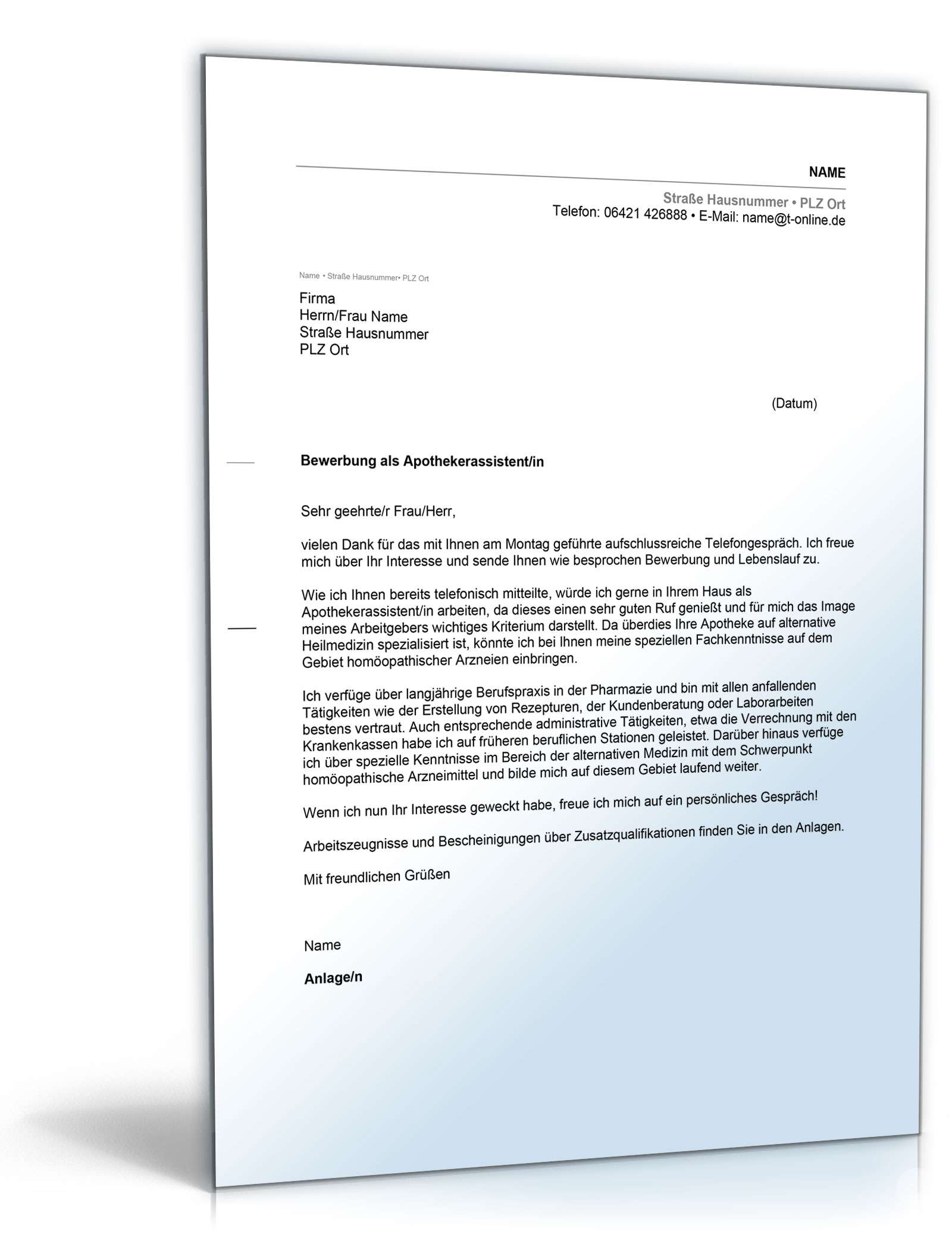 Anschreiben Bewerbung Assistent Apotheke Excel