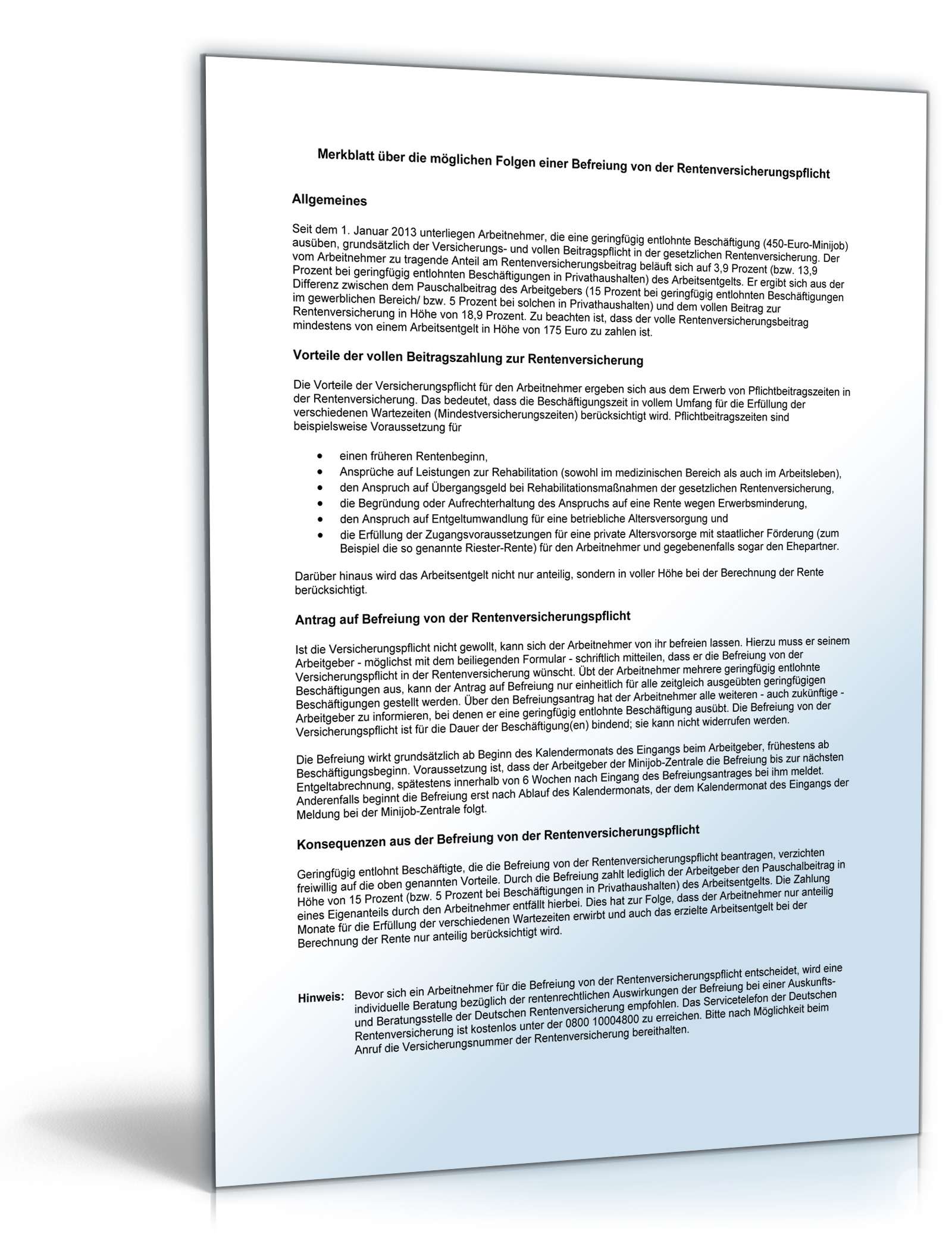 Antrag auf Befreiung von der Rentenversicherungspflicht PDF