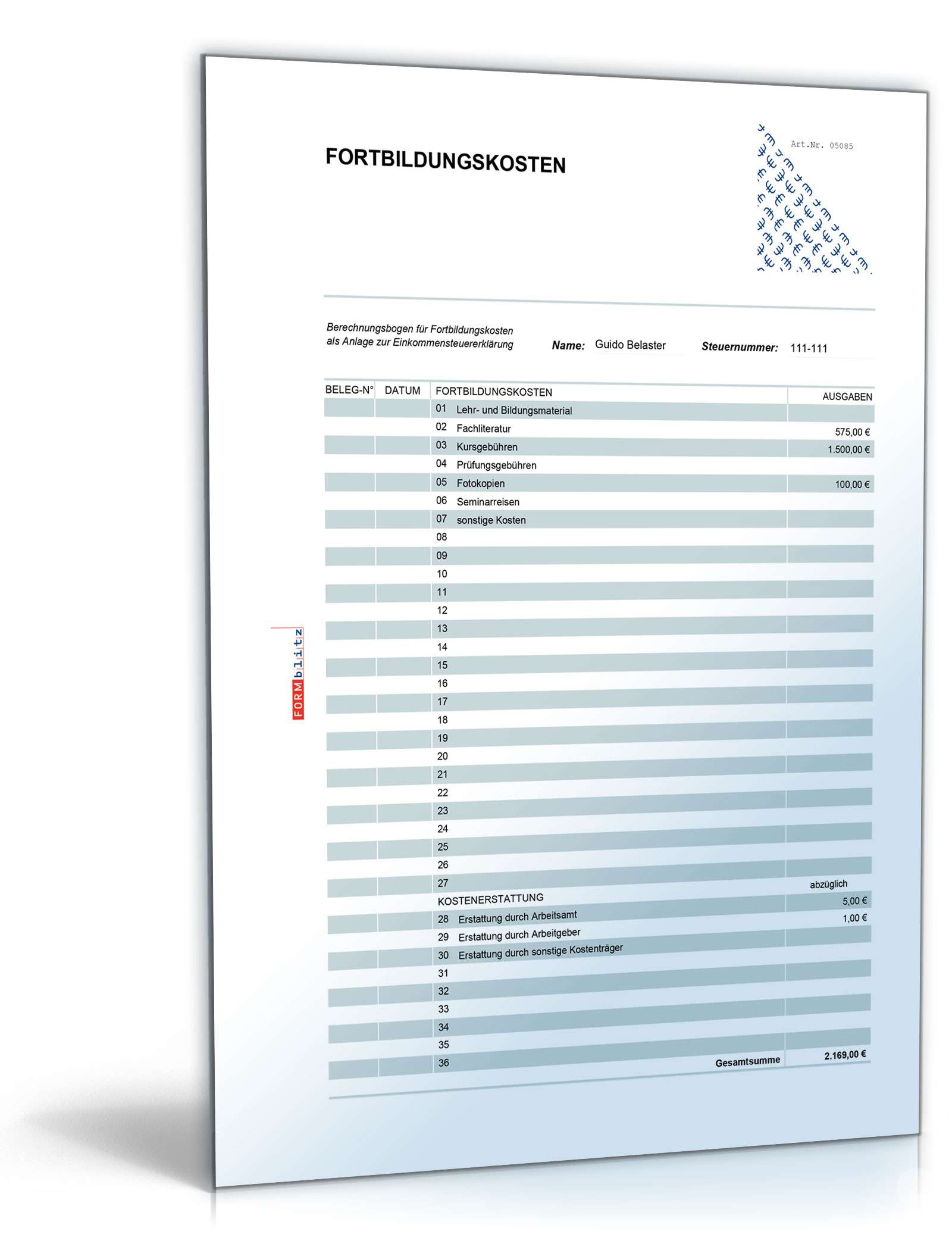 Ermittlung abzugsfähiger Werbungskosten Excel. Seite: 8