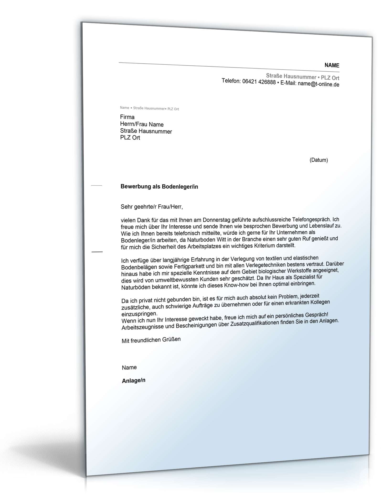 Anschreiben Bewerbung Bodenleger Excel