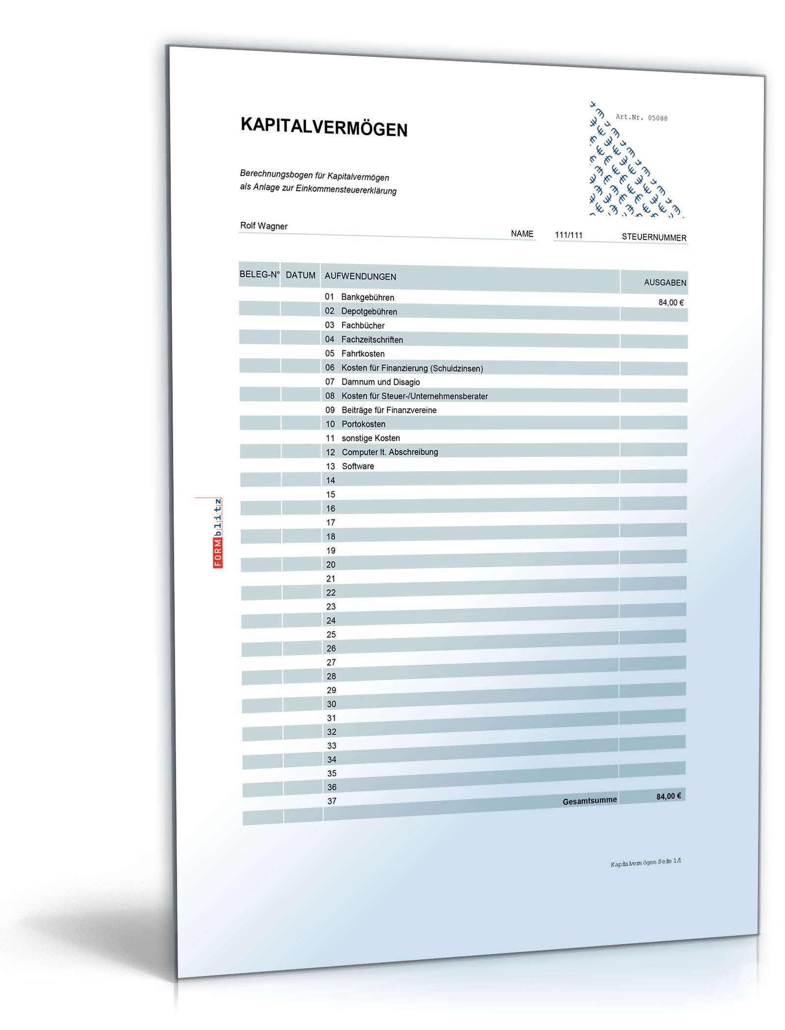 Rechentabelle Werbungskosten Kapitalvermögen Excel