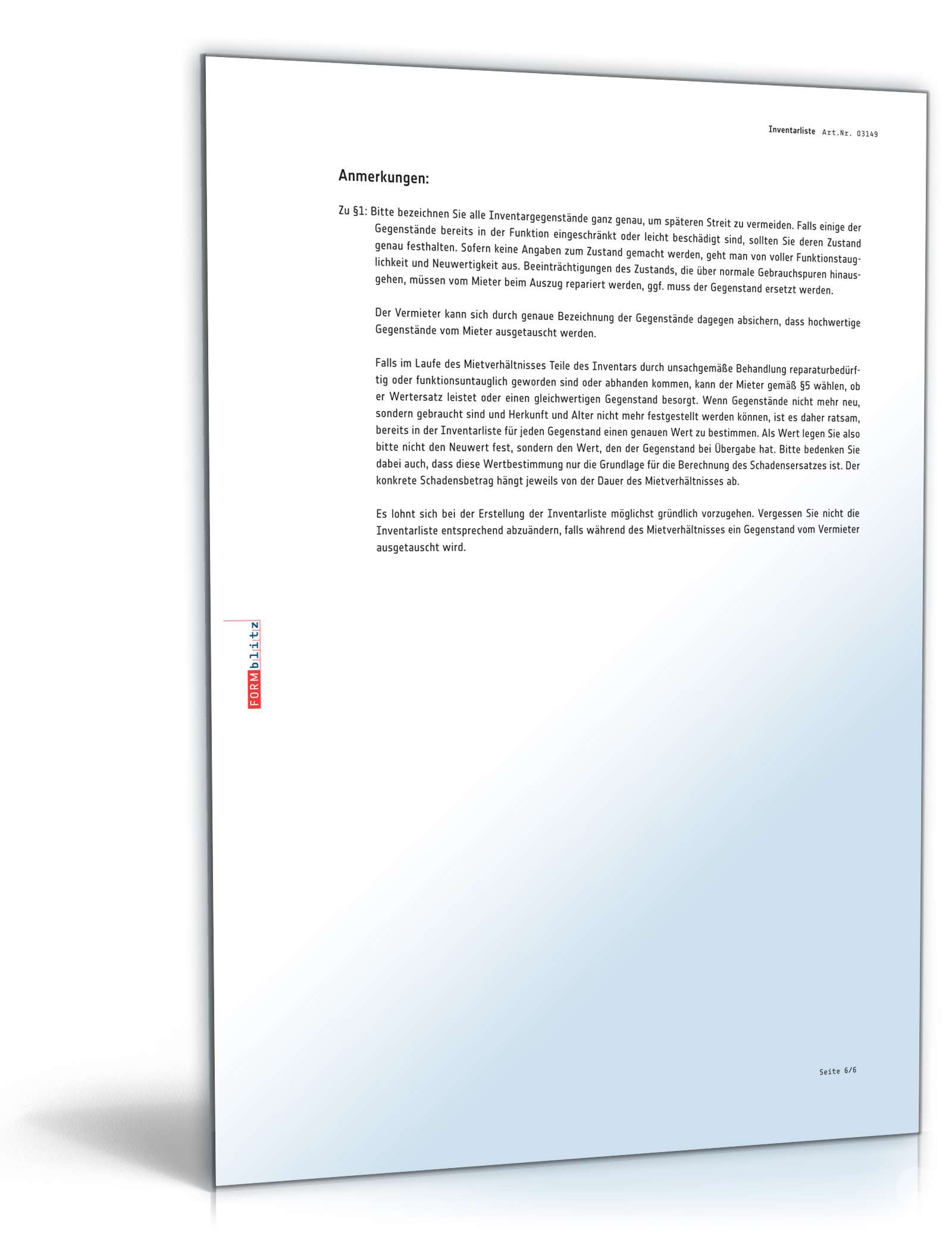 Inventarliste Mietvertrag PDF. Seite: 6