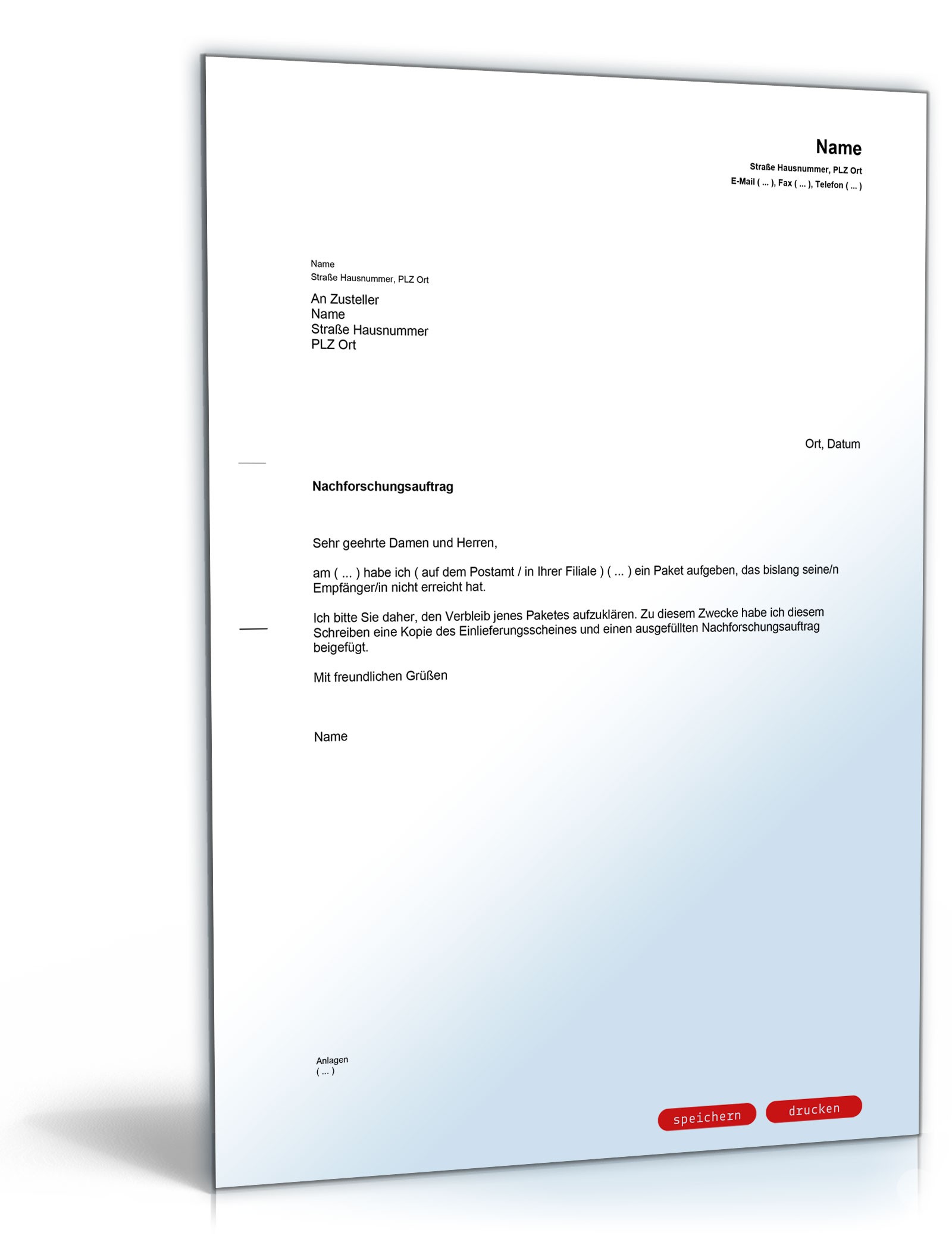 Begleitschreiben Nachforschungsauftrag Paket PDF