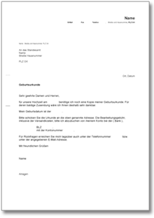 Bitte um Zusendung einer Abschrift der Geburtsurkunde (zum Zwecke der Eheschließung) Word