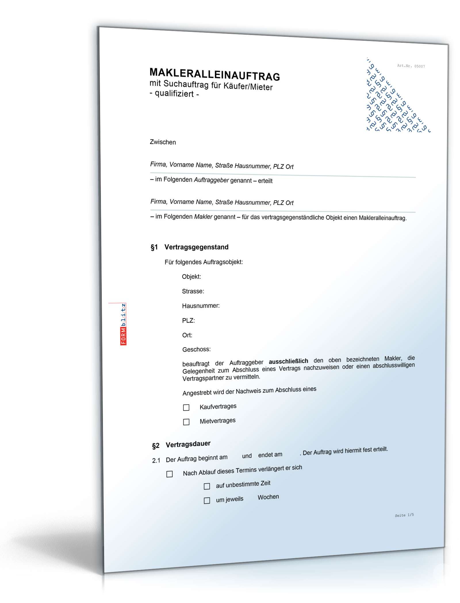 Qualifizierter Makleralleinauftrag Suchauftrag Mieter Word