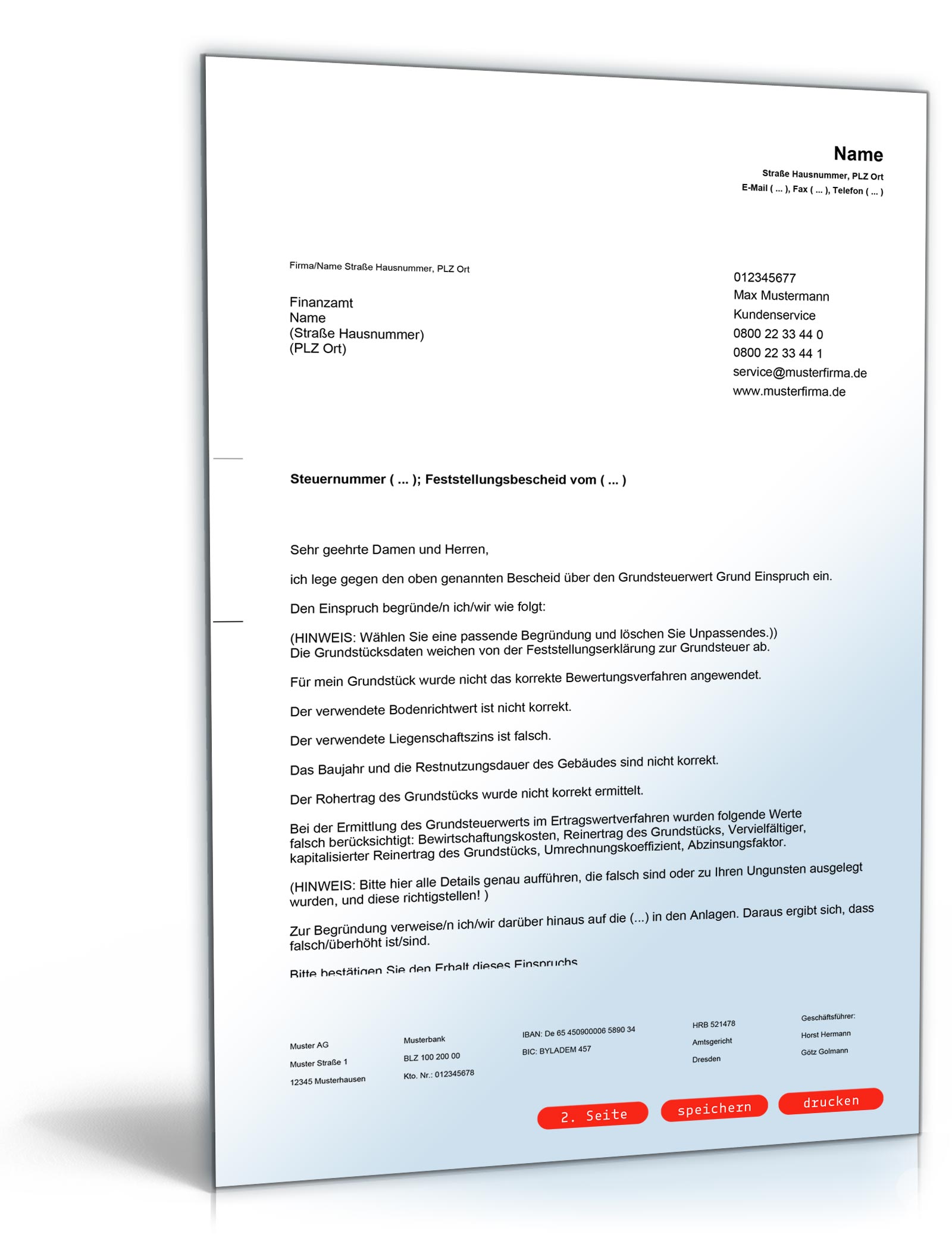 Einspruch gegen Grundsteuerbescheid PDF