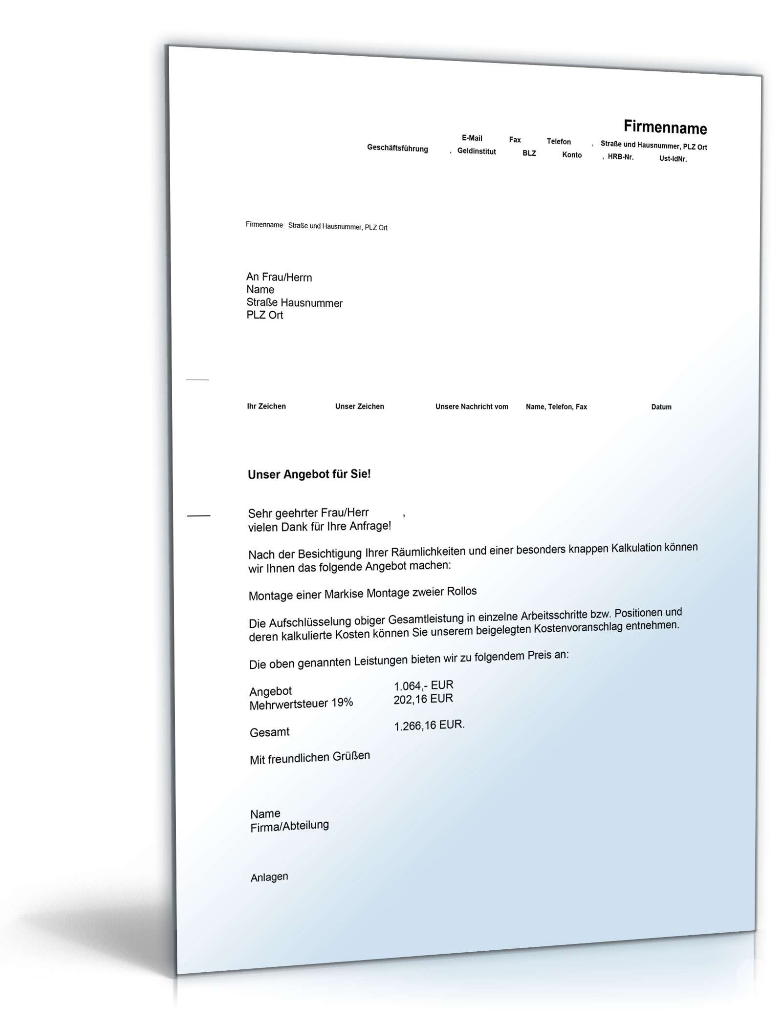 Kostenvoranschlag Montage von Rollläden, Rollos und Markisen Excel. Seite: 2