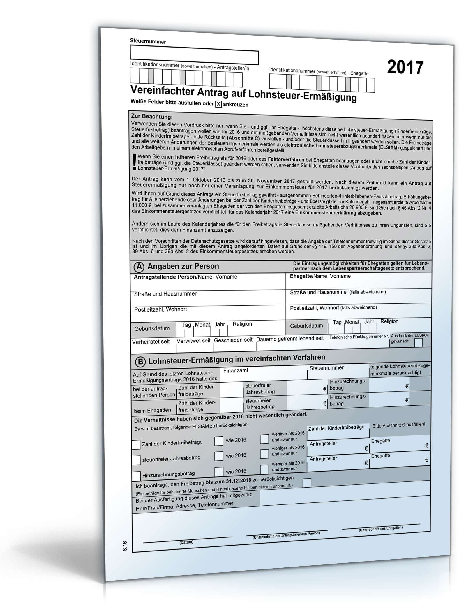 Vereinfachter Antrag auf Lohnsteuer-Ermäßigung 2017 PDF