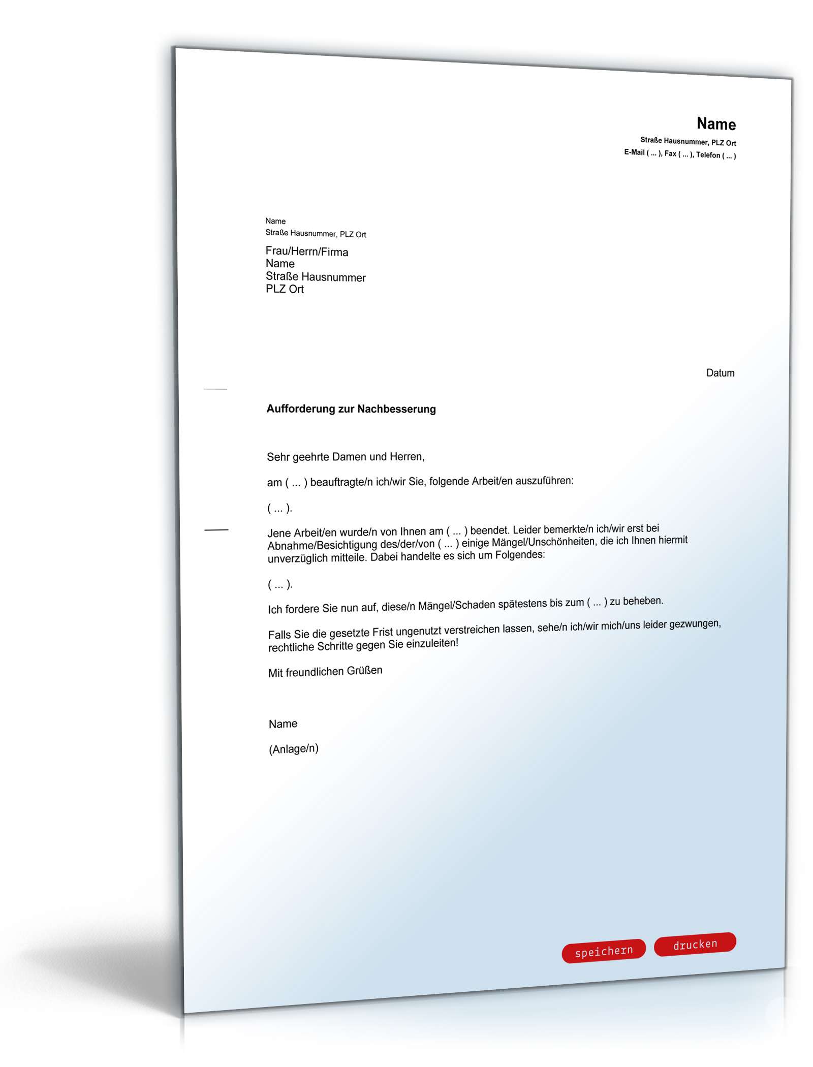 Aufforderung zur Nachbesserung einer Dienstleistung PDF