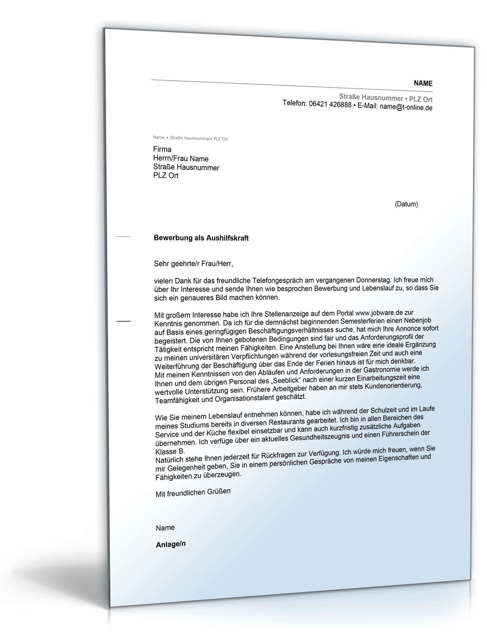 Anschreiben Bewerbung Nebenjob Schüler Excel