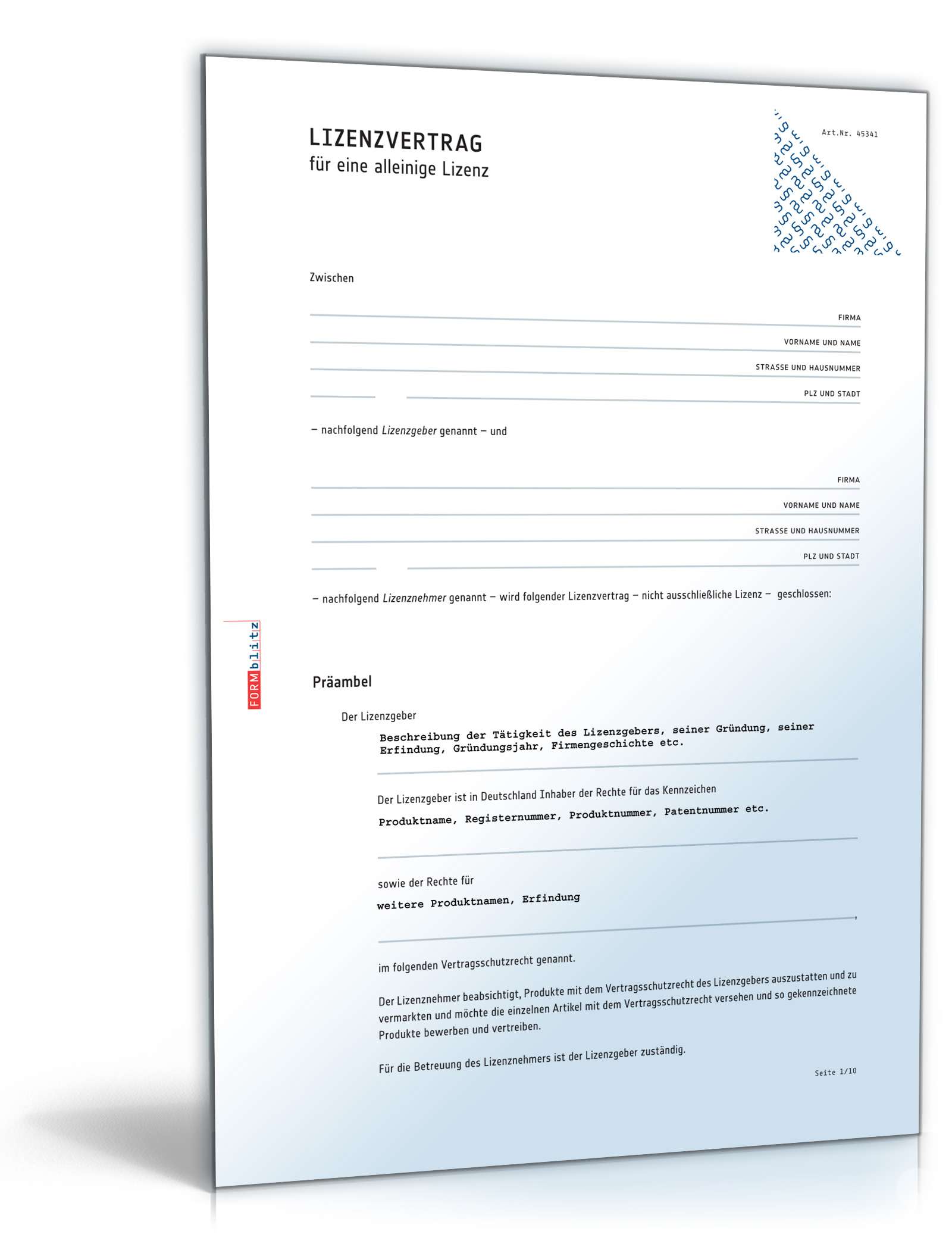 Lizenzvertrag alleinige Lizenz PDF