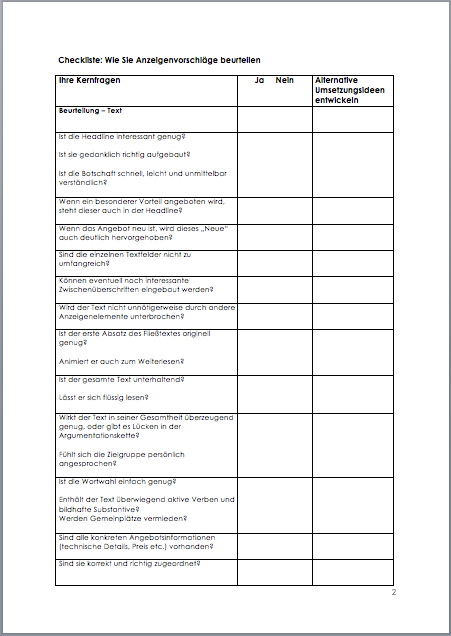 Checkliste Anzeigenvorschläge beurteilen Word