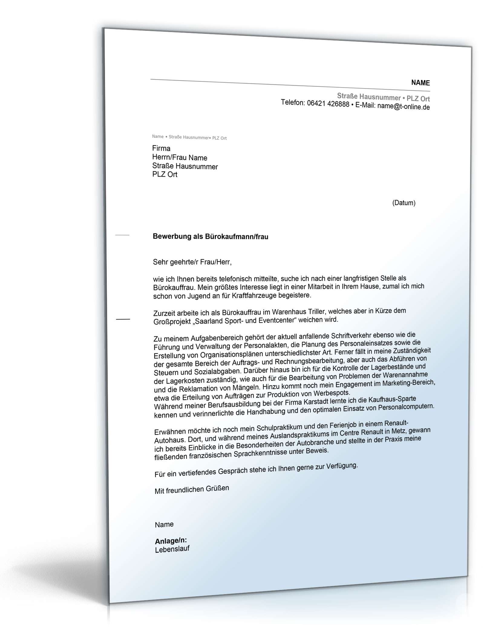 Anschreiben Bewerbung Bürokauffrau Excel