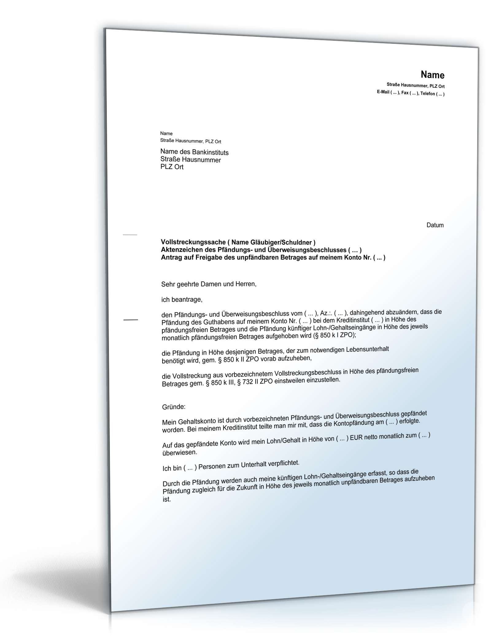 Freigabeantrag Kontopfändung PDF