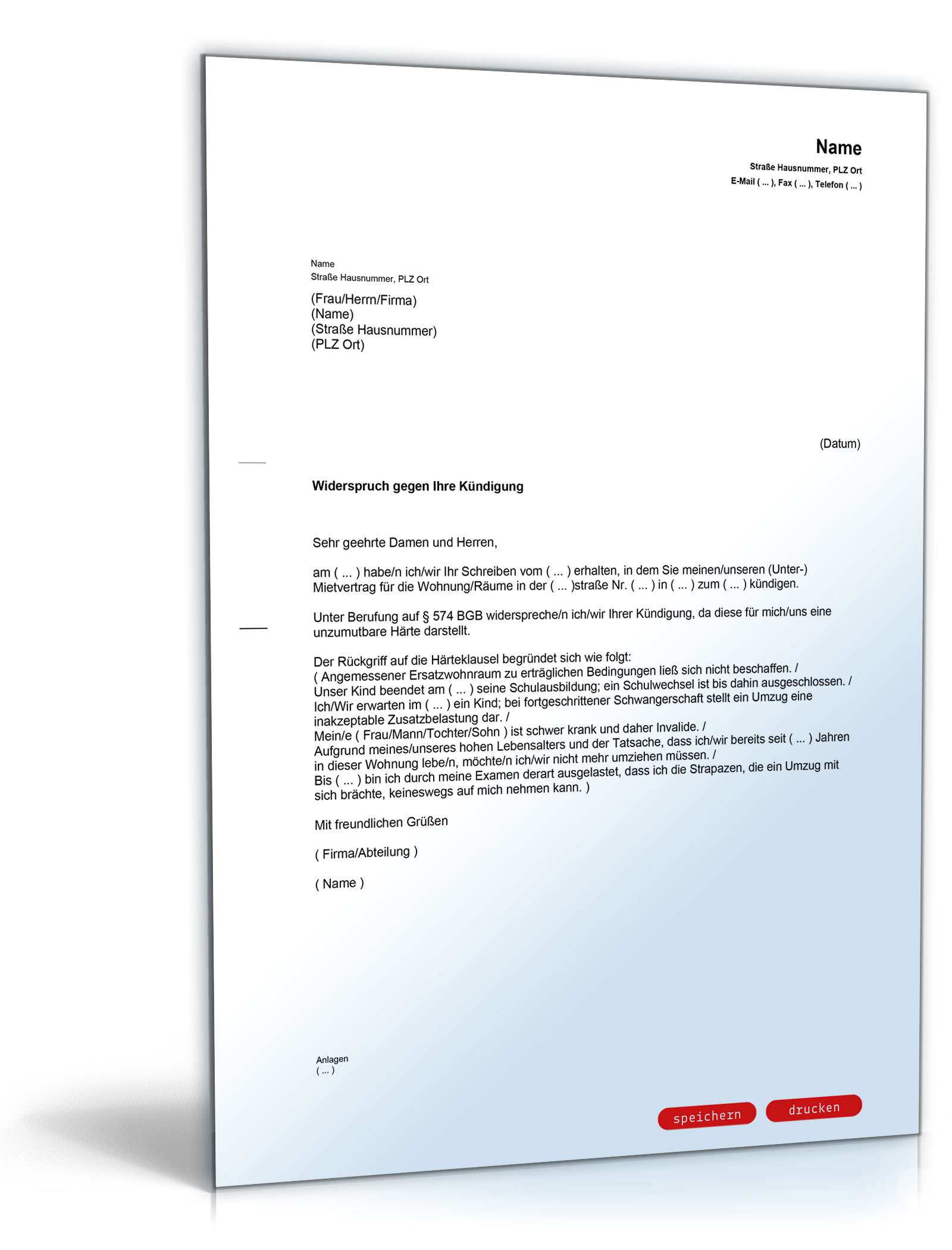 Widerspruch gegen unzumutbare Kündigung des Mietvertrags PDF