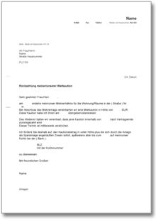 Aufforderung Rückzahlung Mietkaution | Muster zum Download