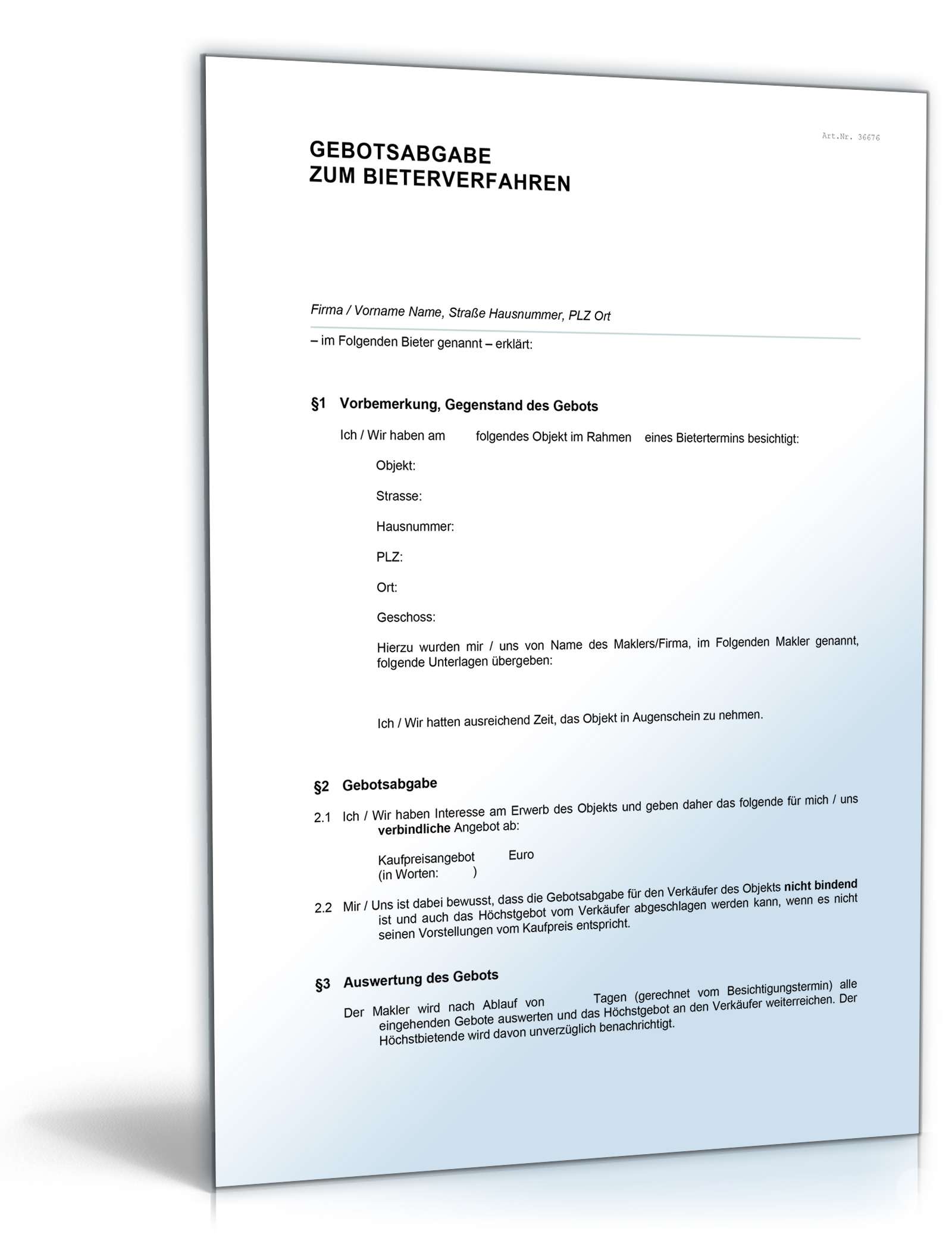 Bieterverfahren Gebotsabgabe Immobilie Word