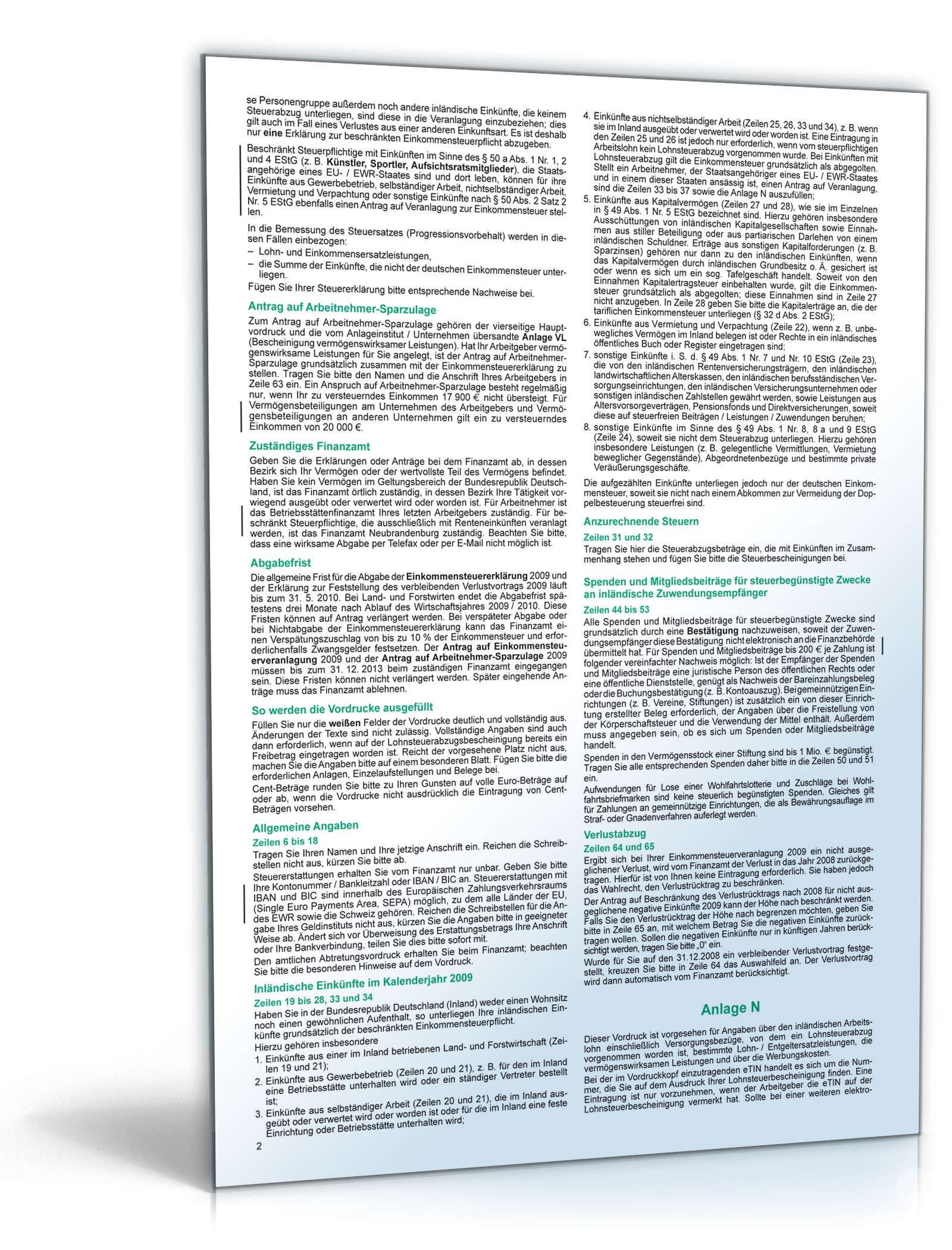Anleitung Einkommensteuererklärung beschränkt Steuerpflichtige 2009 PDF. Seite: 2