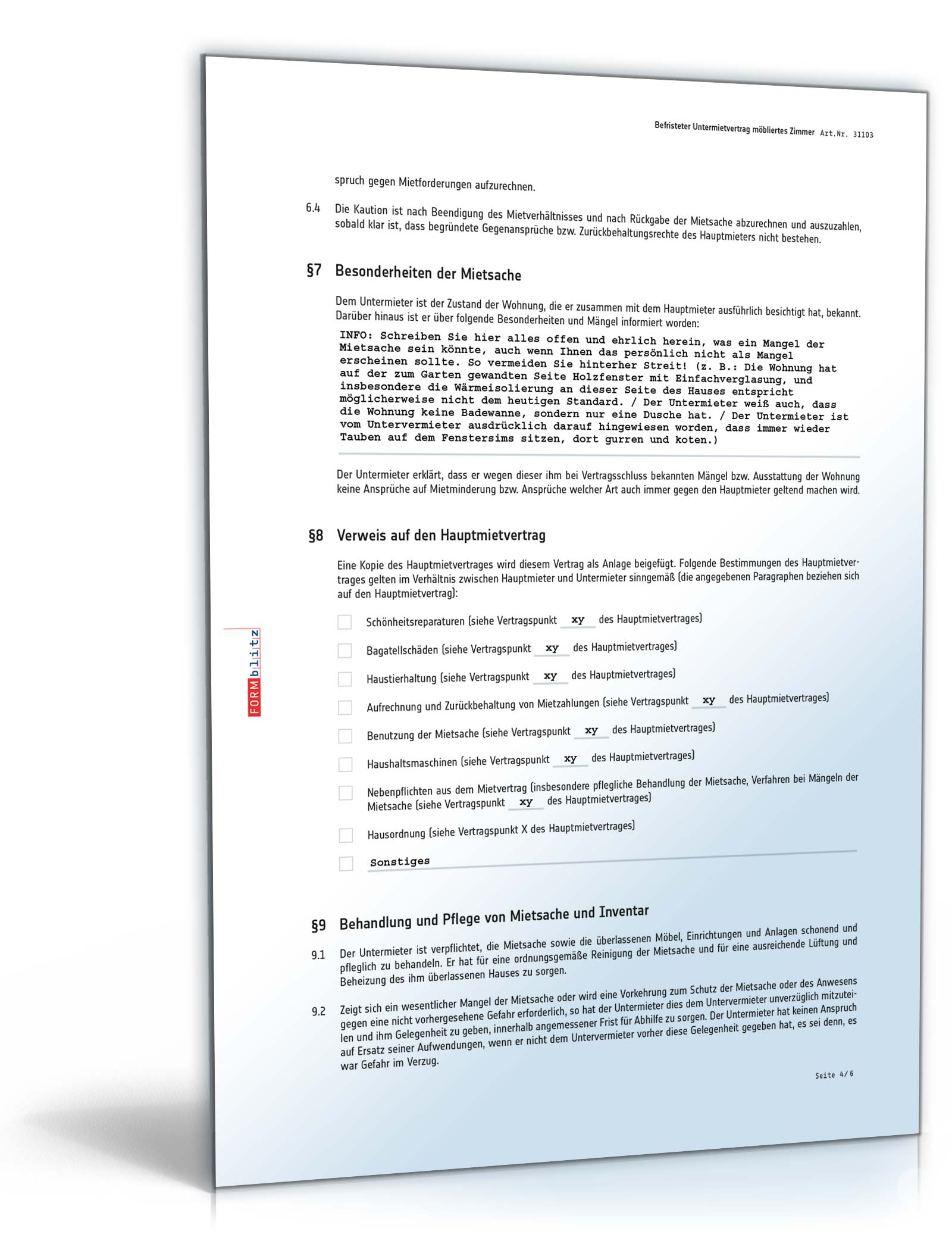 Befristeter Untermietvertrag möbliertes Zimmer PDF. Seite: 4