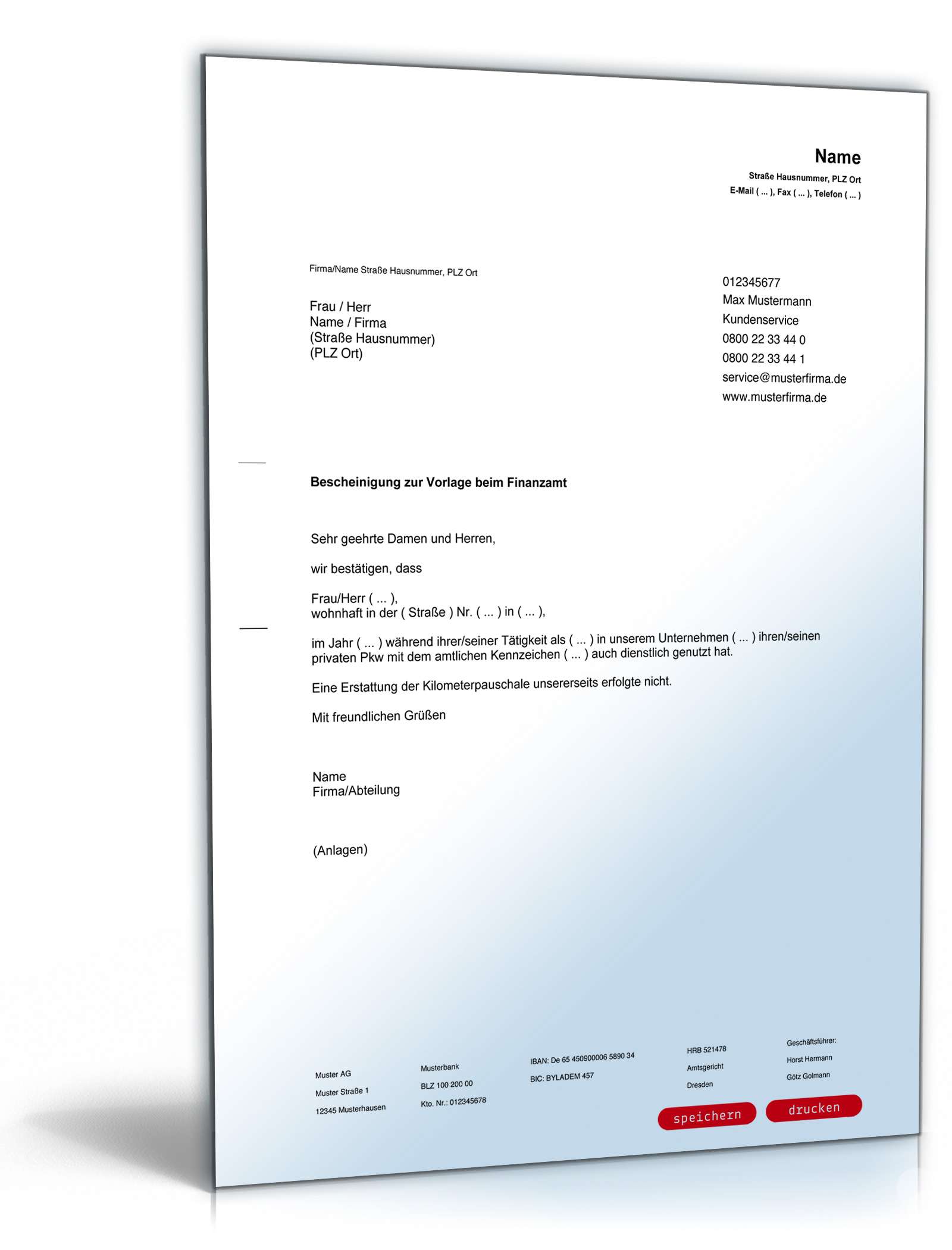 Arbeitgeberbescheinigung über dienstliche Nutzung des privaten Pkw PDF