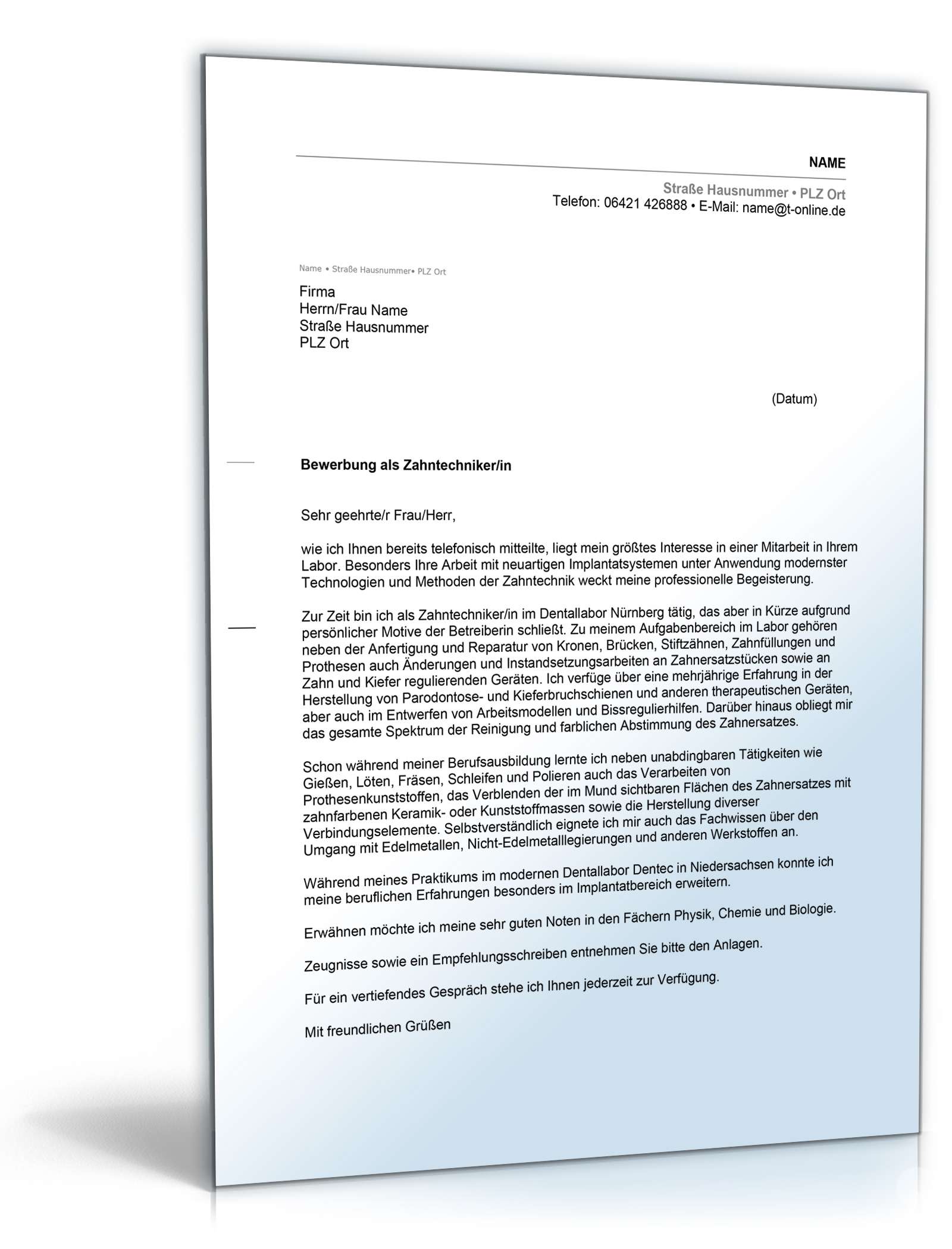 Anschreiben Bewerbung Zahntechnikerin Excel