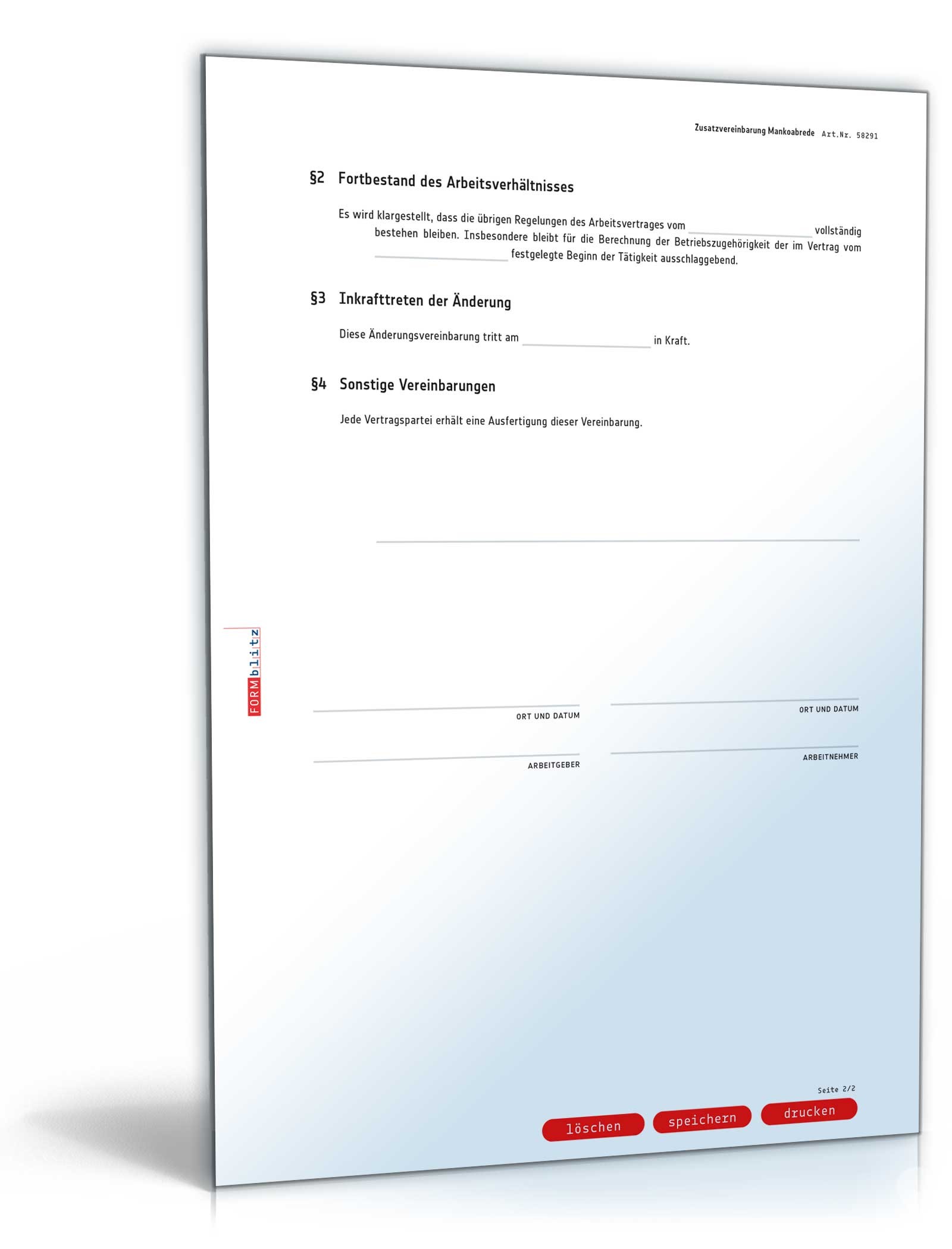 Zusatzvereinbarung Mankoabrede PDF. Seite: 2