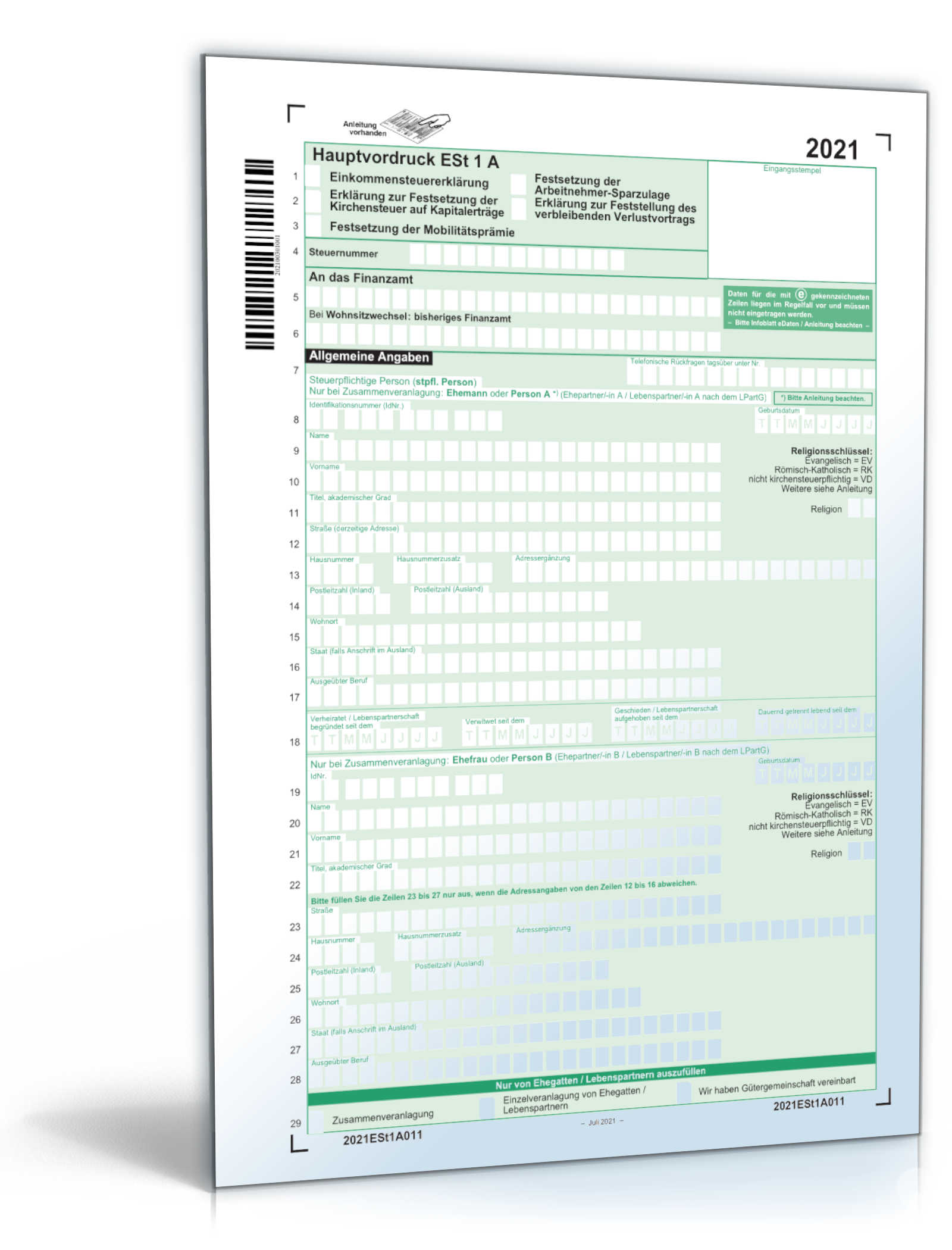 Mantelbogen Einkommensteuererklärung 2022 PDF