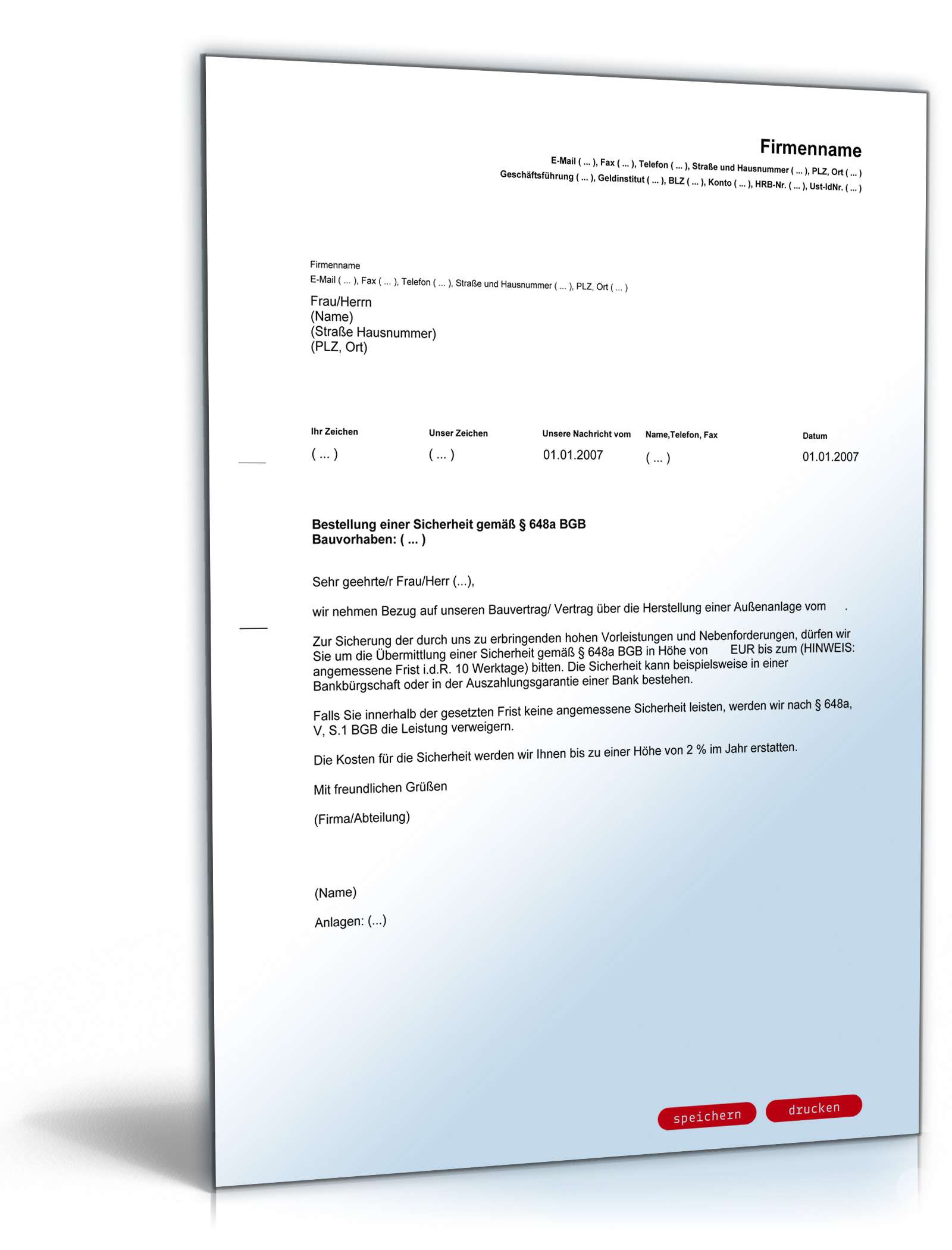 Aufforderung Sicherheitsleistung Handwerker PDF