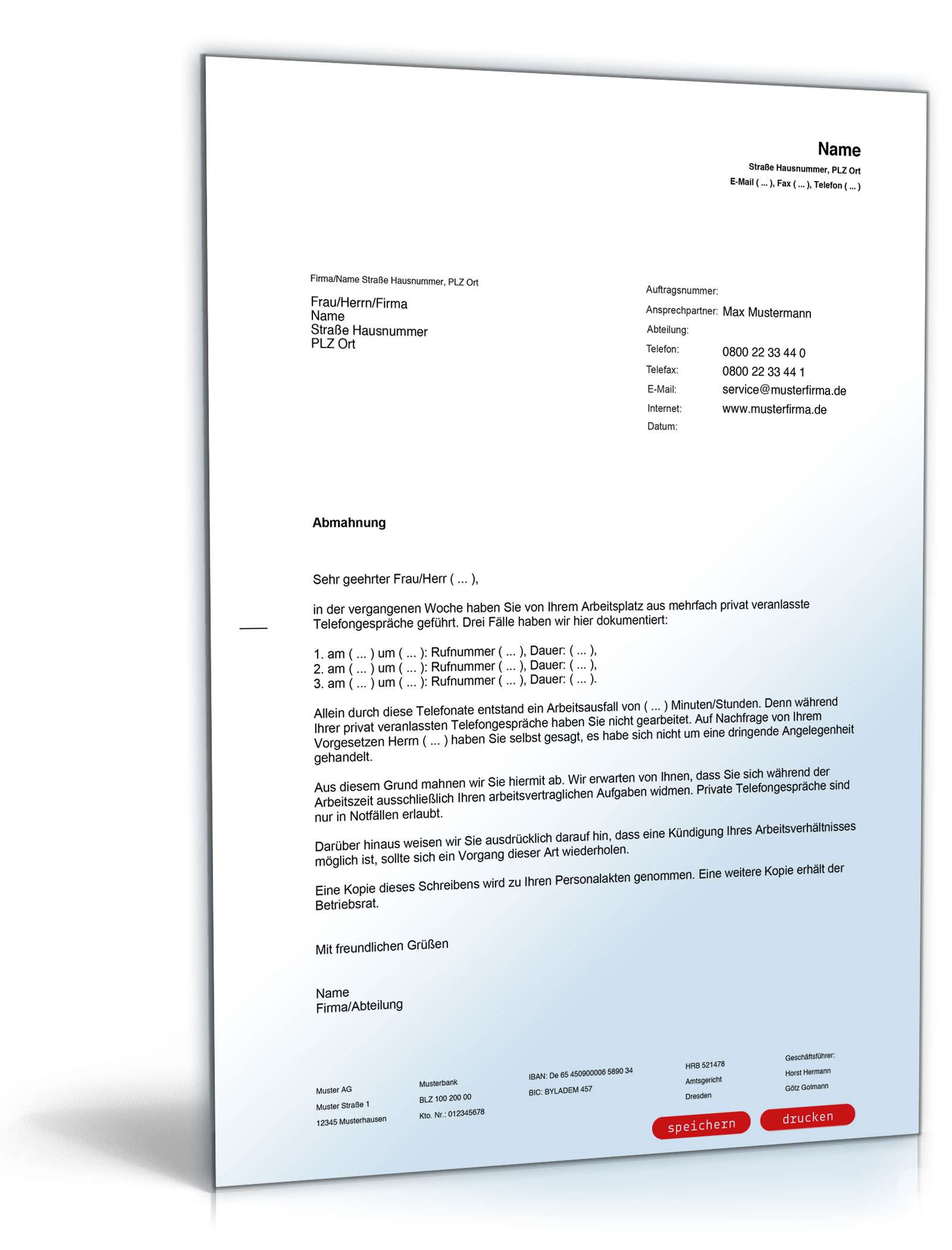 Abmahnung private Telefongespräche PDF