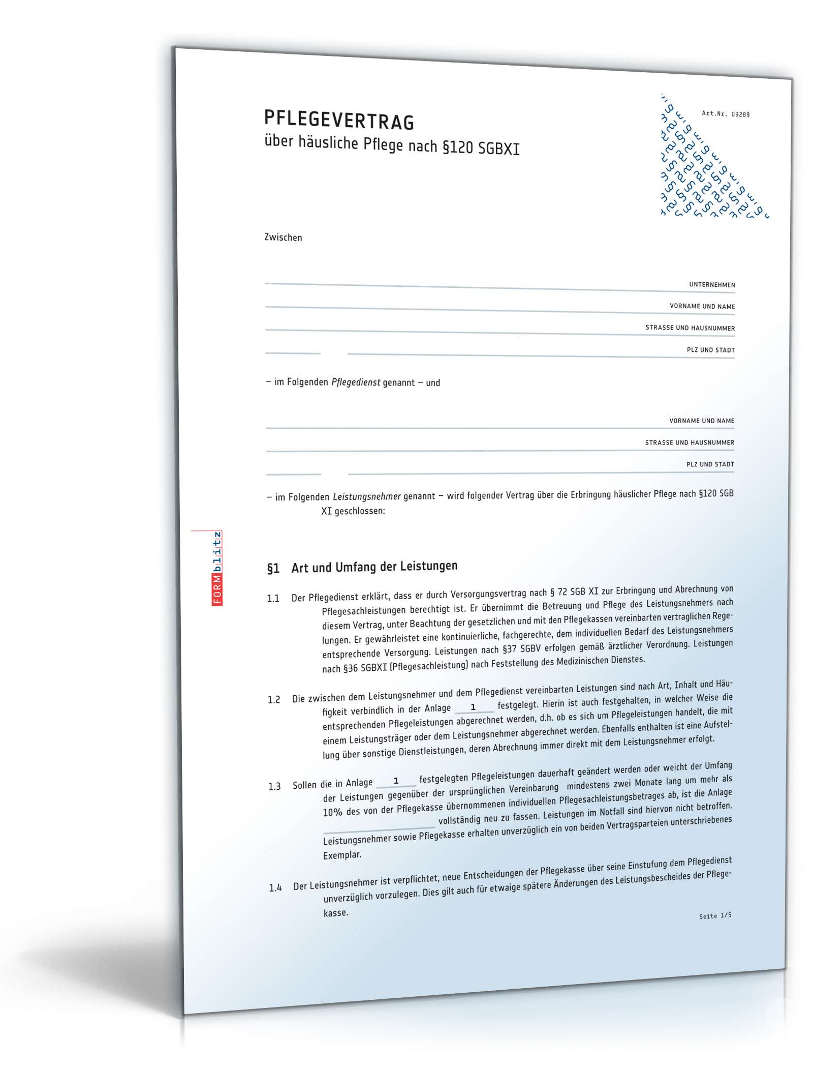 Pflegevertrag über häusliche Pflege PDF