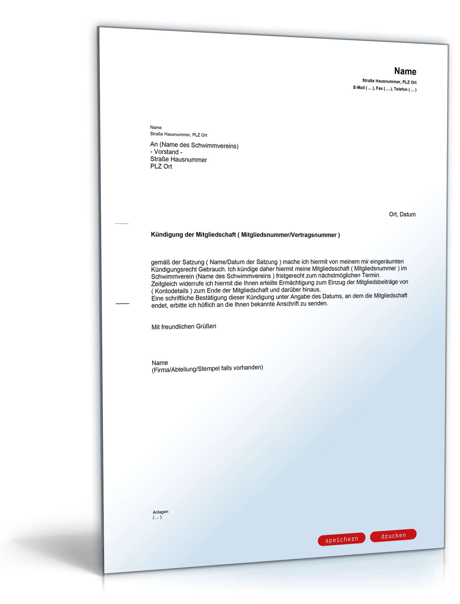 Kündigung Mitgliedschaft Schwimmverein PDF