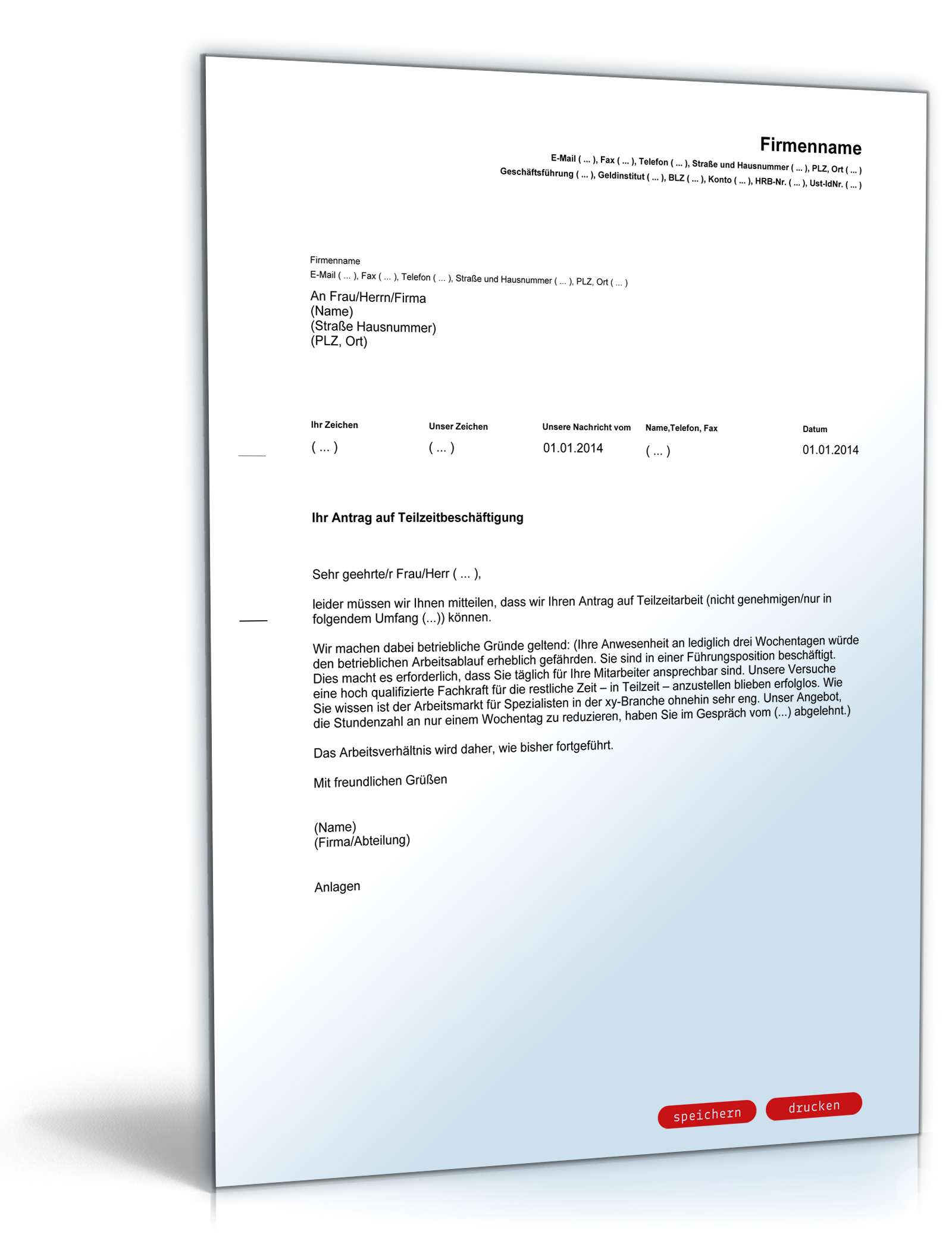 Ablehnung Antrag Teilzeitarbeit PDF