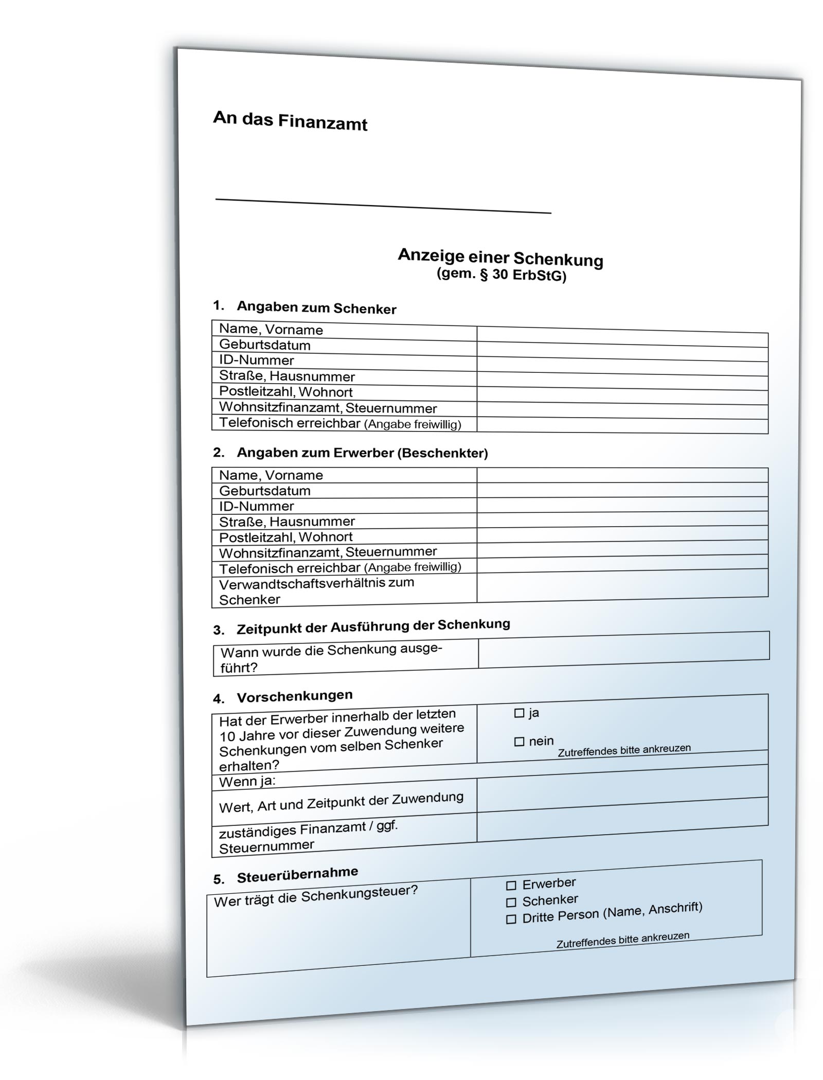Schenkungsanzeige Finanzamt PDF