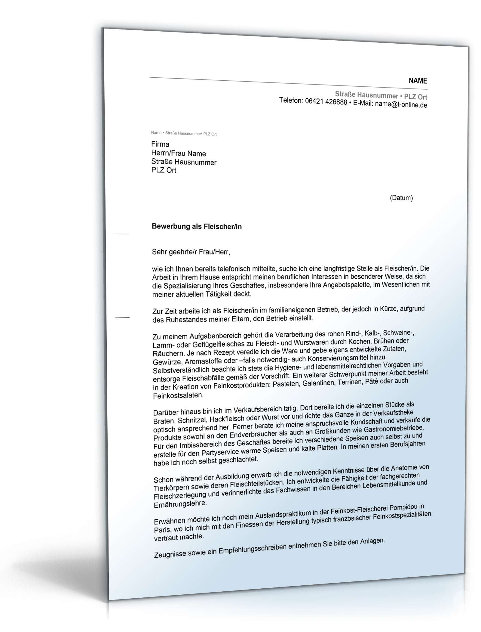 Anschreiben Bewerbung Fleischer Word