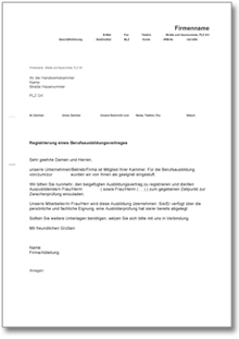 Anmeldung eines Berufsausbildungsvertrages bei der Handwerkskammer Word