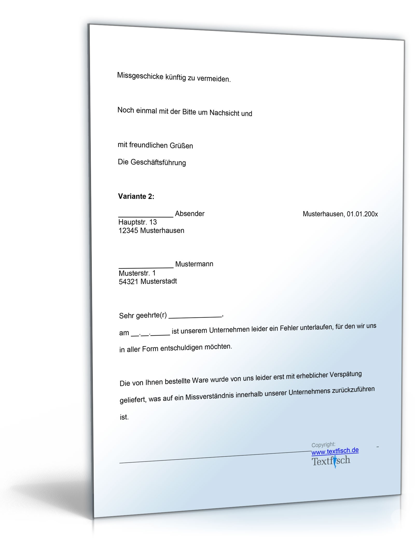 Entschuldigung verspätete Lieferung Produkt Word. Seite: 2