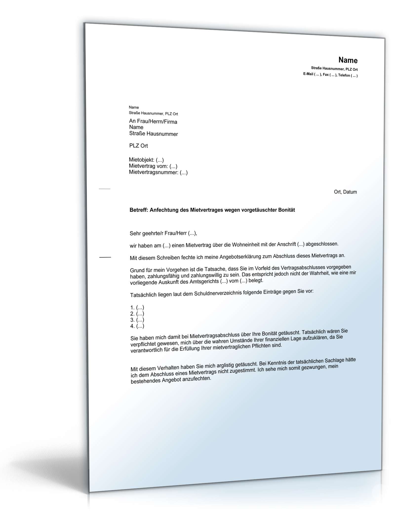 Anfechtung Mietvertrag vorgetäuschte Bonität PDF