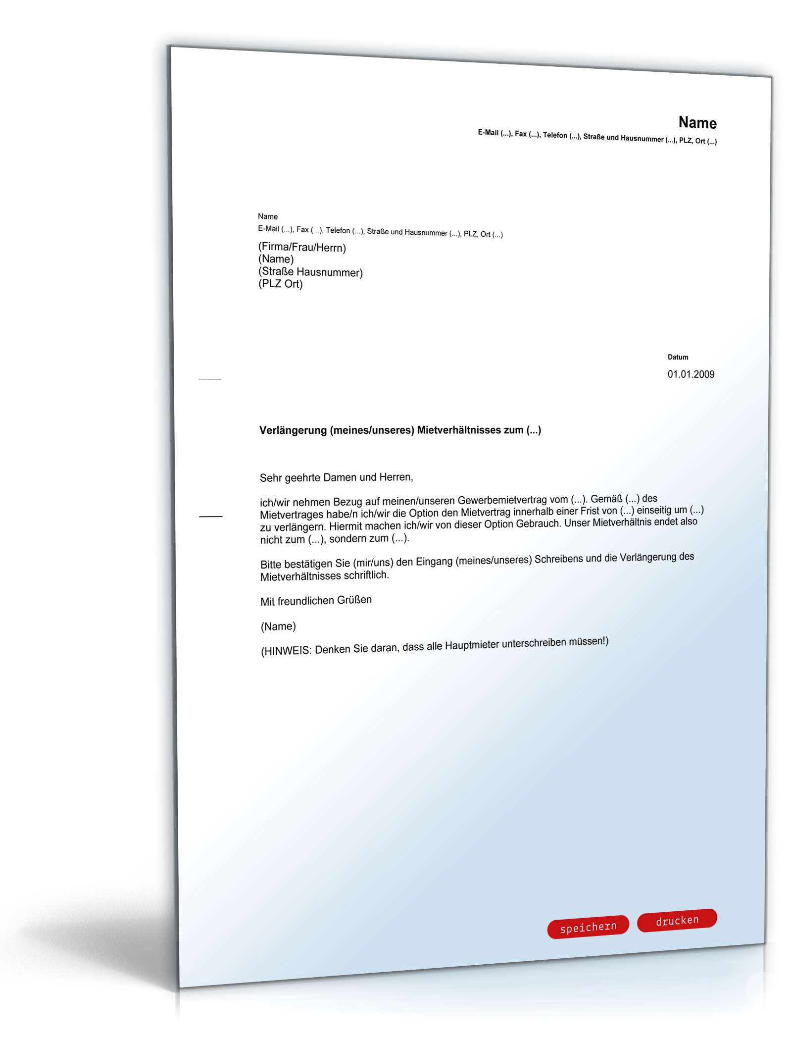 Verlängerung Gewerbemietvertrag durch Mieter PDF