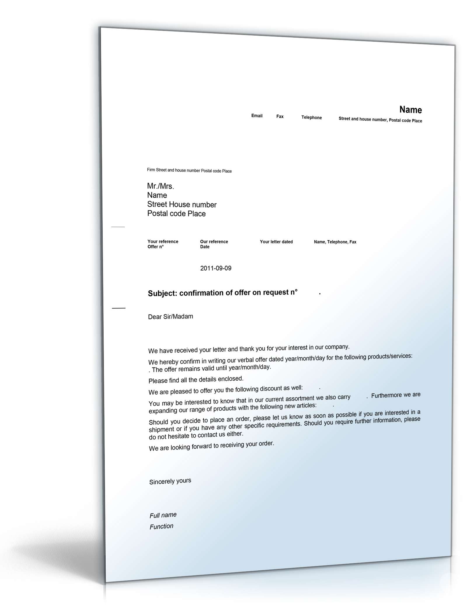 Geschäftsbrief Angebot auf Anfrage (Englisch) Word