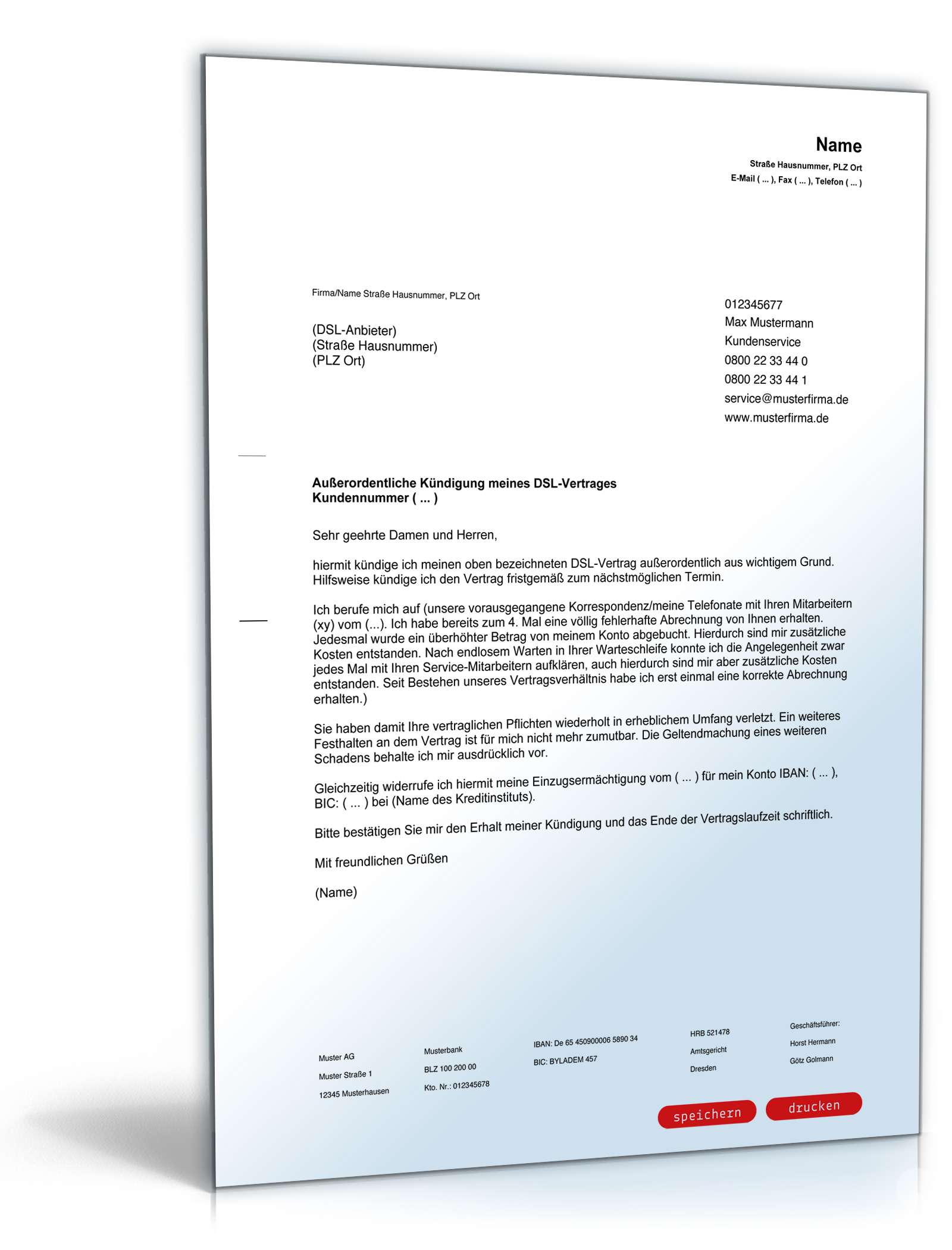 Fristlose Kündigung DSL-Vertrag PDF