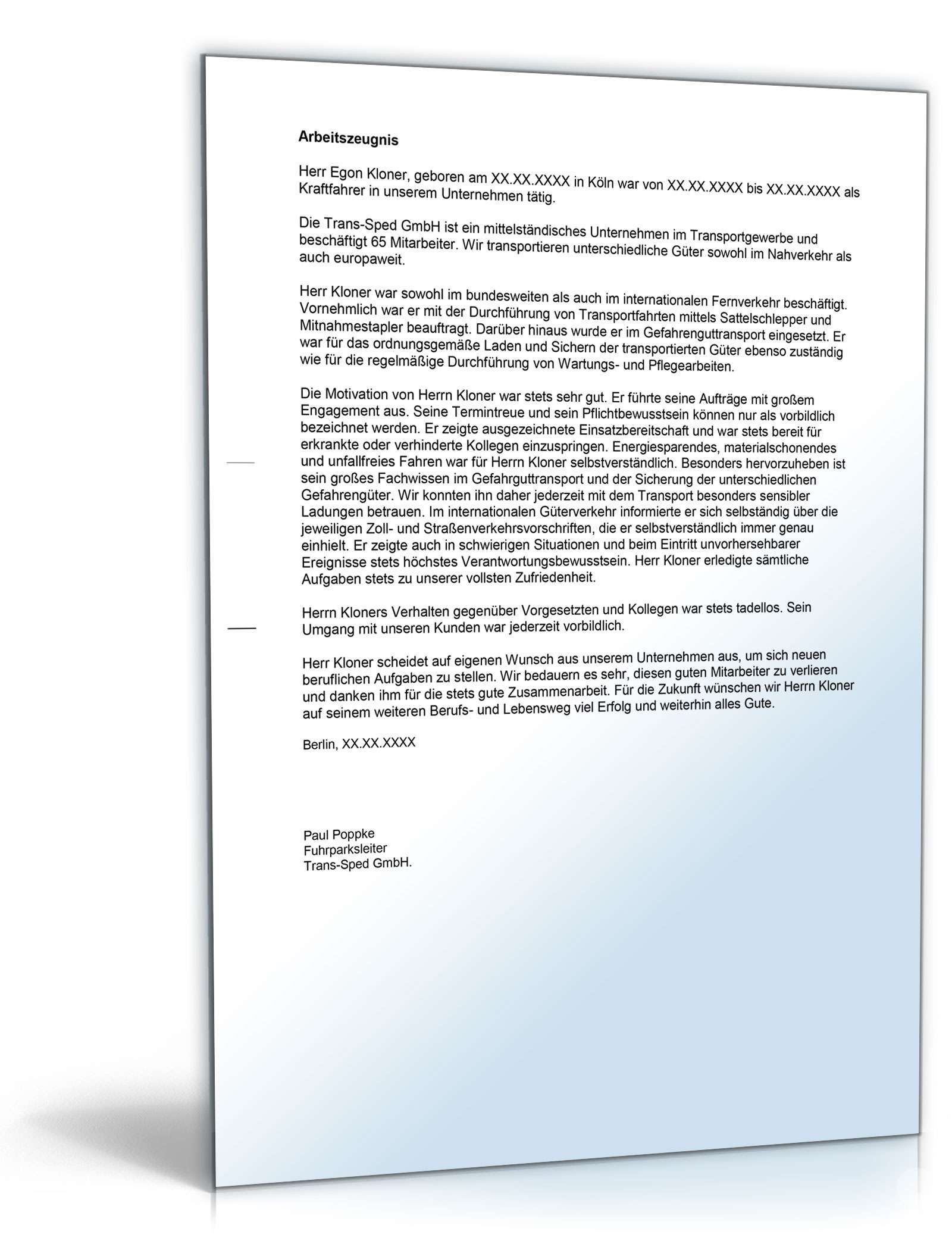 Arbeitszeugnis Berufskraftfahrer Excel. Seite: 2